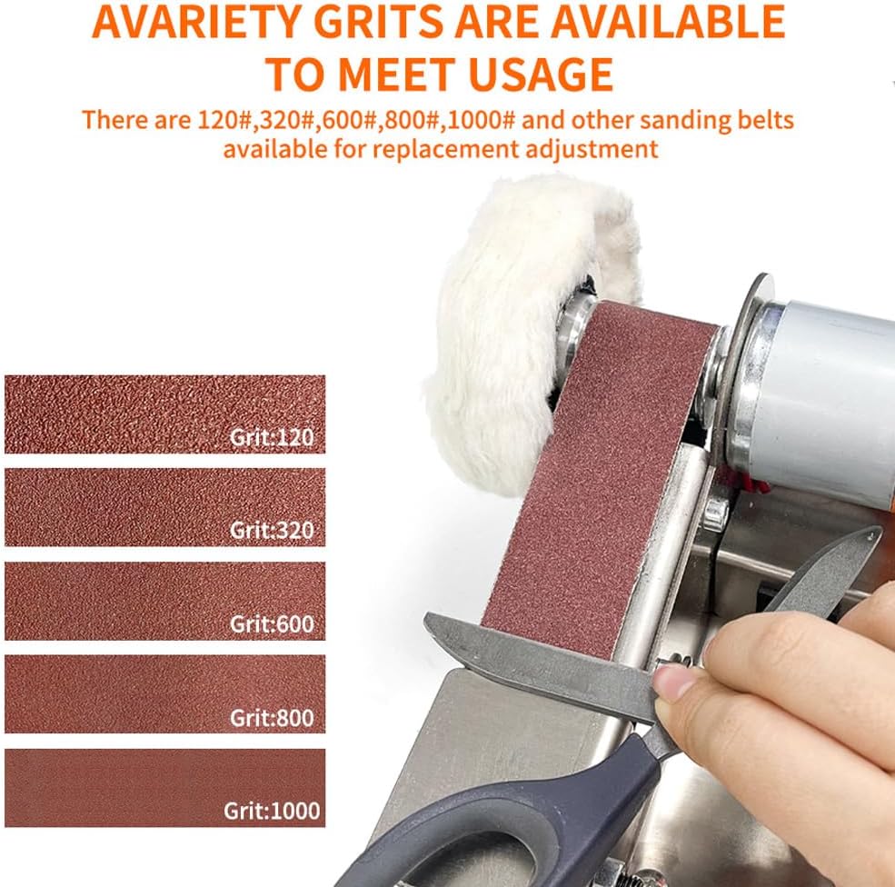 Mini Belt Sander for Beginner Knife Sharpening, Home DIY Bench Grinder with 20pcs 30×330mm Belts, Edge Polishing Tool for Metal Wood Craft Hobby Tools