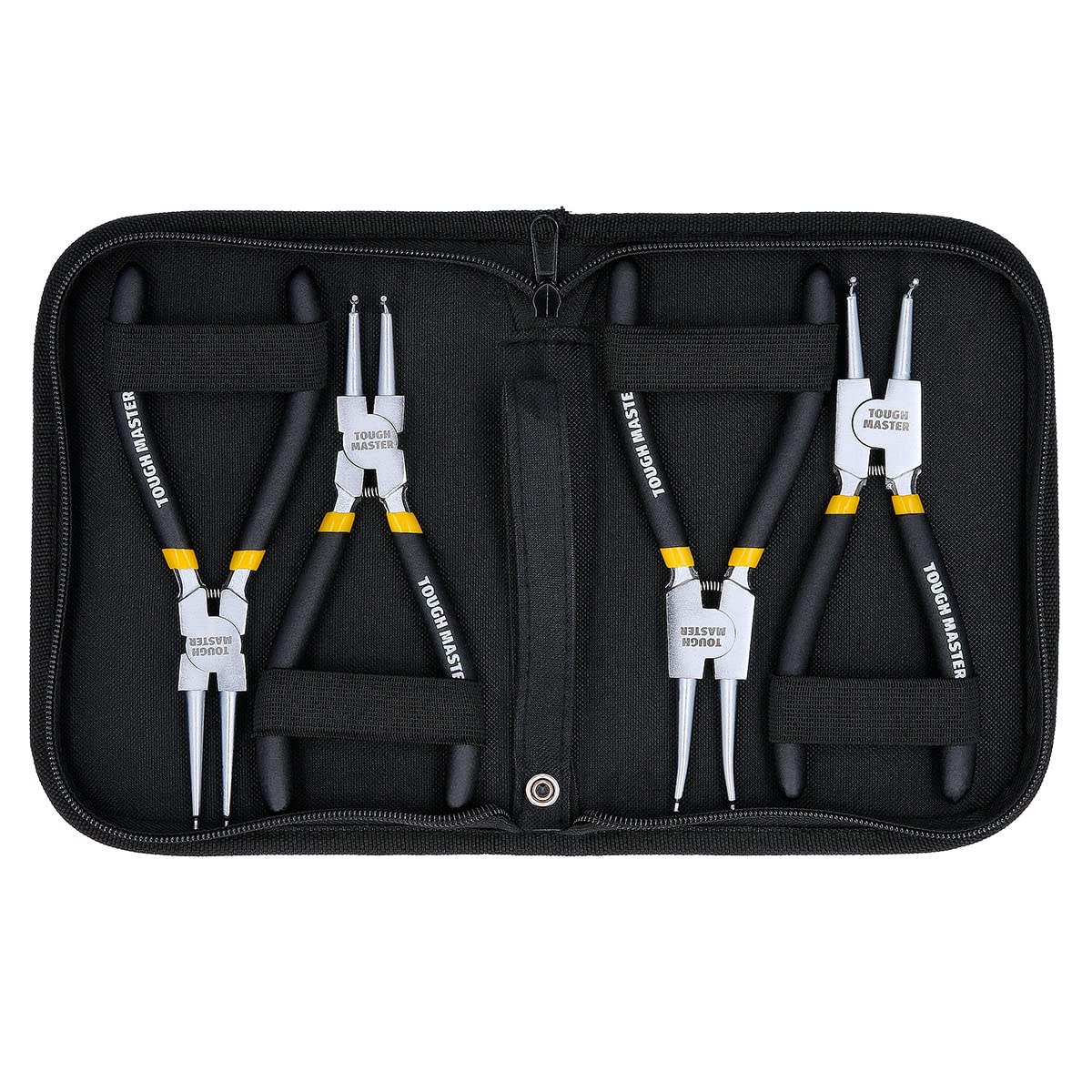 TOUGH MASTERCirclip Pliers 4pcs Set 7" Internal & External Straight Bent Tip Circlip Pliers, 175mm Snap Ring Pliers Set with Durable Springs and Soft TPR Handles Organized in Zip Case