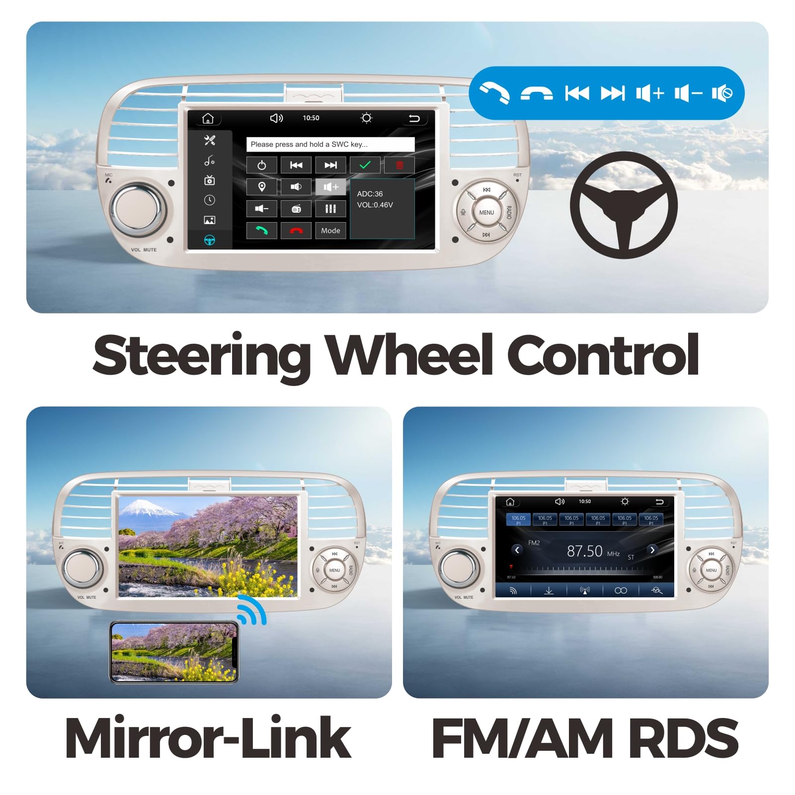 Autoradio compatibel met draadloze Carplay/Android Auto voor FIAT 500 2007-2015 met hoog vermogen IPS touchscreen/Bluetooth/spiegellink/FM/AM/USB zwarte kleur