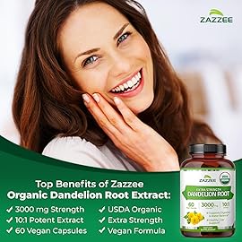 Zazzee USDA Organic Dandelion Root 10:1 Extract, 3000 mg Strength, 60 Capsules, 2 Month Supply, Standardized and Concentrated 10X Extract, 100% Vegetarian, All-Natural and Non-GMO