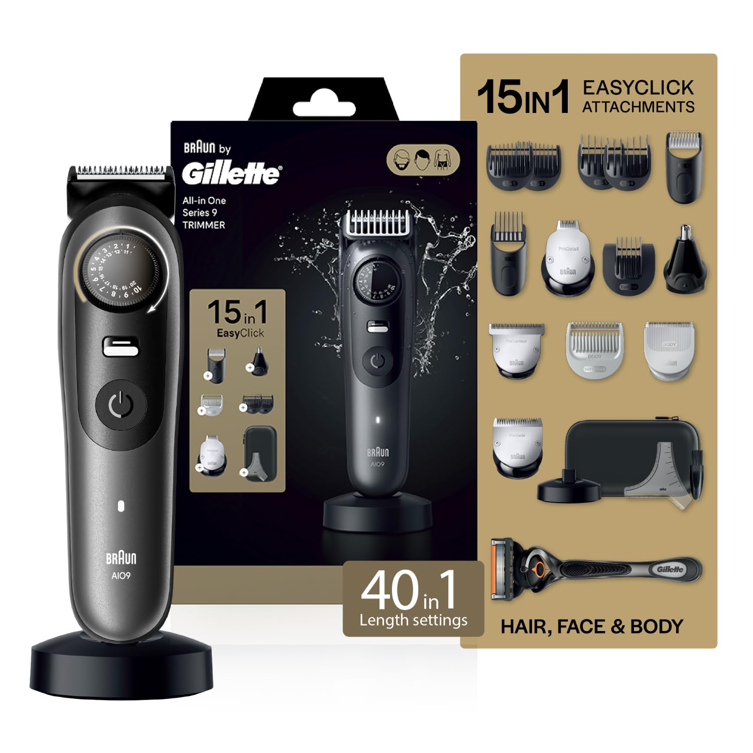 Braun By Gillette Series 9 All-in-One Beard & Body Trimmer for Man with Fusion Proglide Razor | ProBlade Technology | 40 length settings with Metal Body| 15-In-1 Pro Kit - Face, Body, Head & Private Parts | 180 Min Runtime | 5 Min Quick Charge | 100% Waterproof with charging stand | Sensitive Body attachment for intimate grooming-image-12