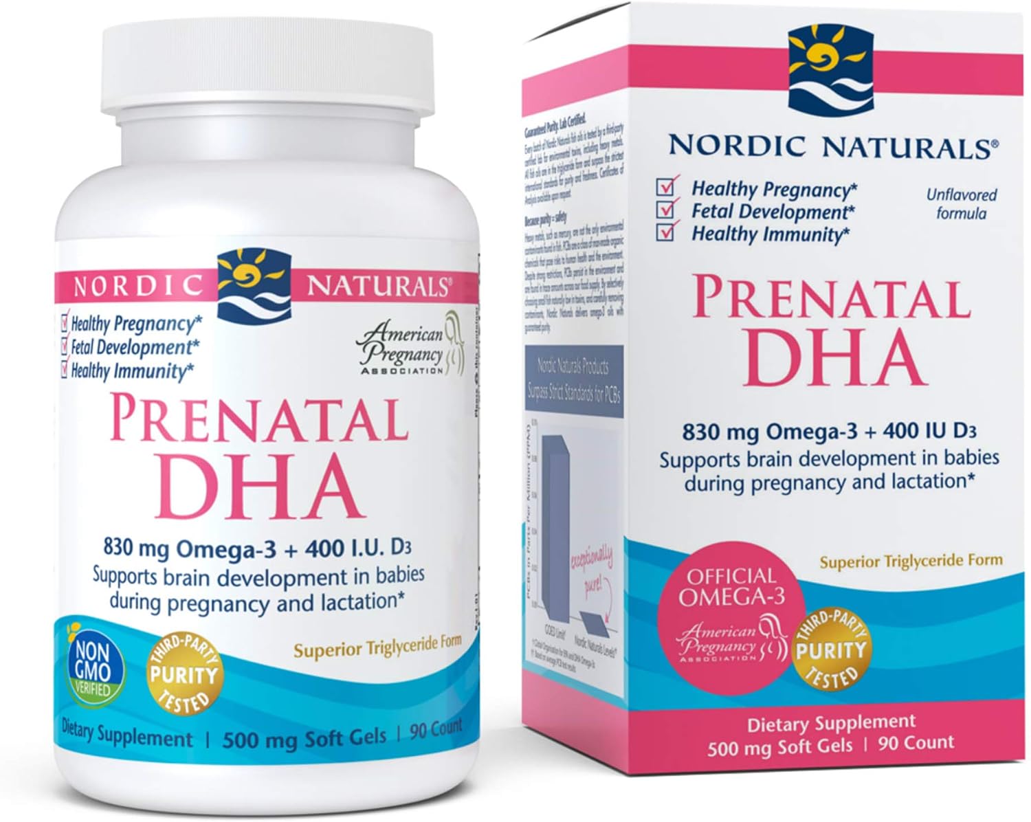 Nordic Naturals Prenatal DHA, Unflavored - 830 mg Omega-3 + 400 IU Vitamin D3 - 90 Soft Gels - Supports Brain Development in Babies During Pregnancy & Lactation - Non-GMO - 45 Servings