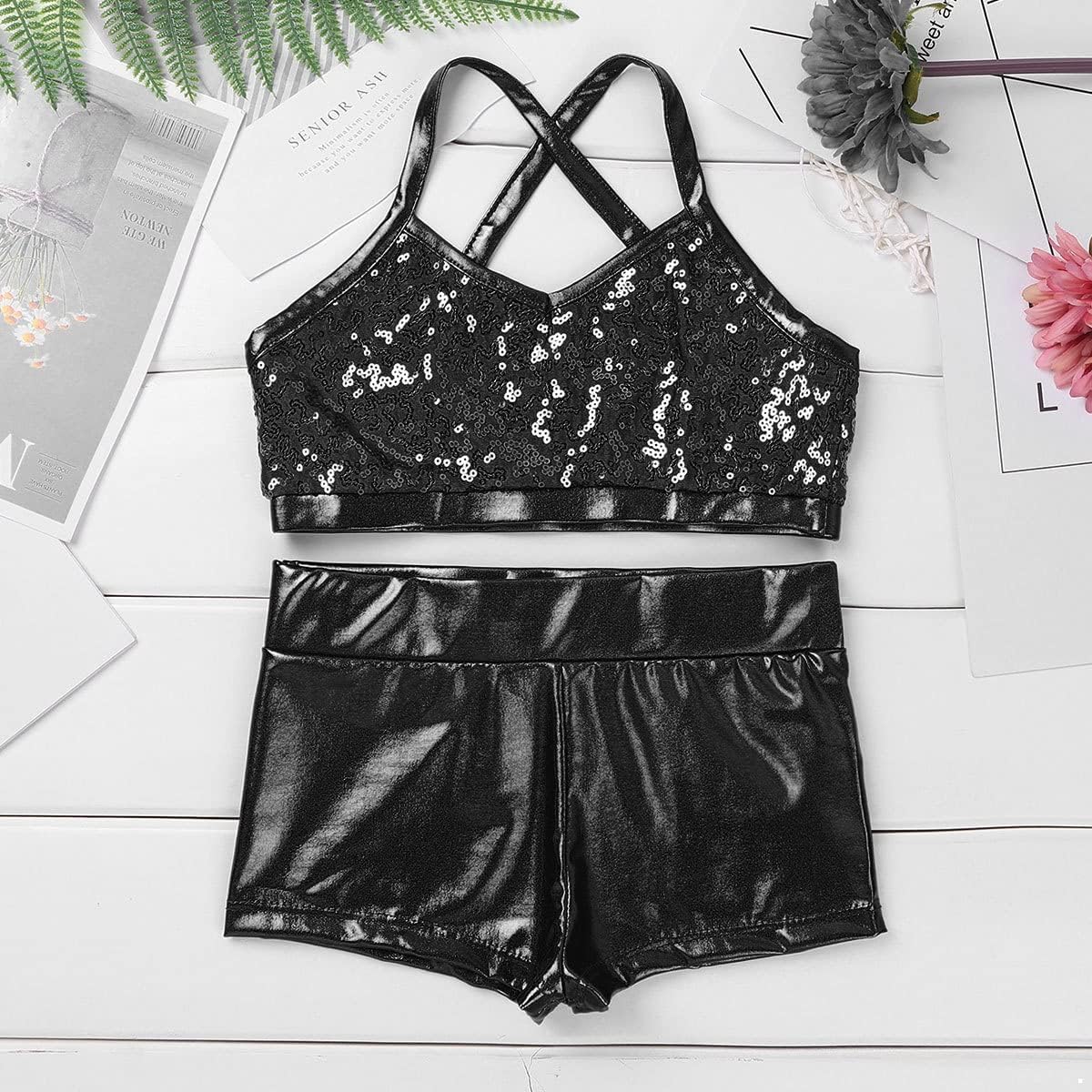 Girls 2-Piece Dance Outfit Sequins Crop Tops and Shorts for Ballet Sports Workout Gymnastics Training