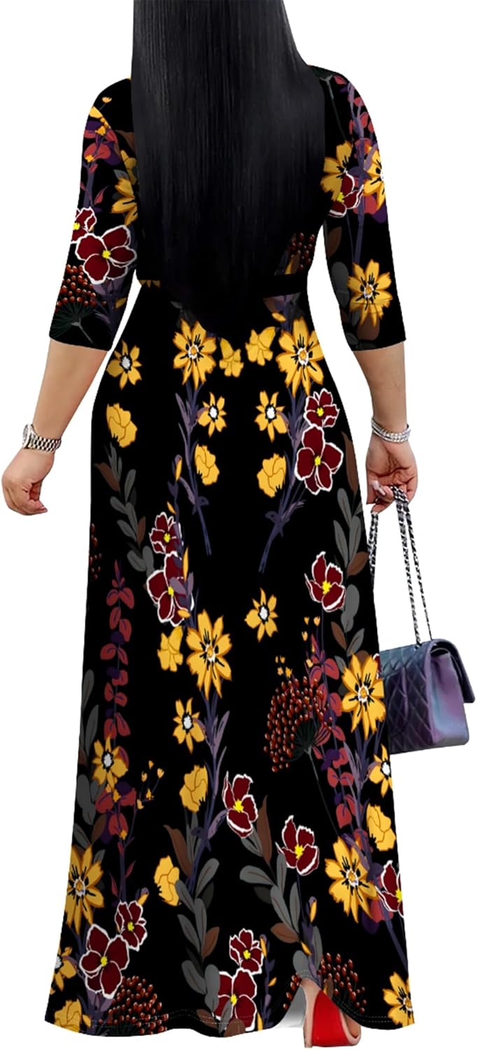 Women's Floral Print Maxi Dresses Plus Size 3/4 Sleeves Flowy Long Dress V Neck Sundress with Belted(Floral1 XL) - Image 4