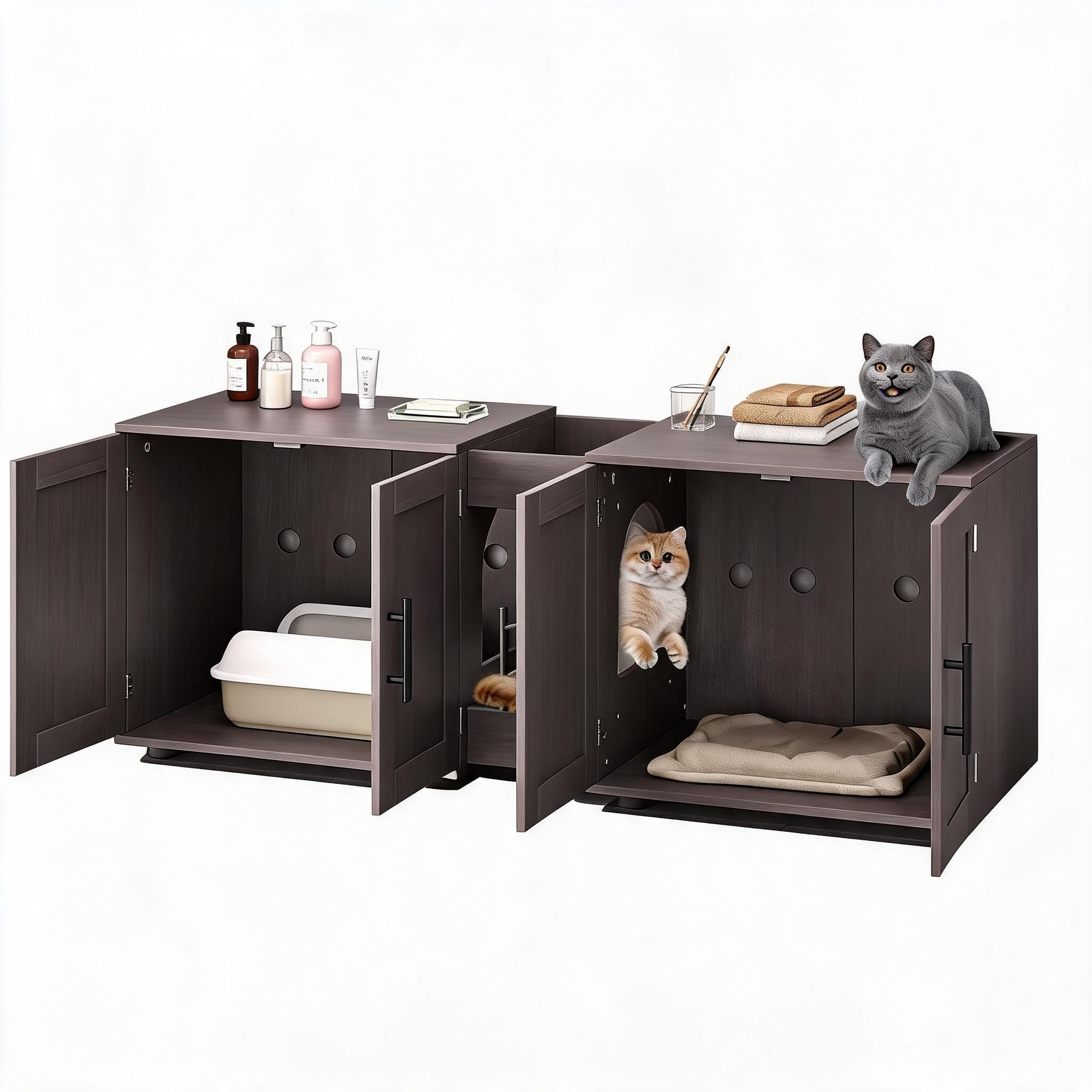 Meuble cache-litière double bois style grange salon sans odeur