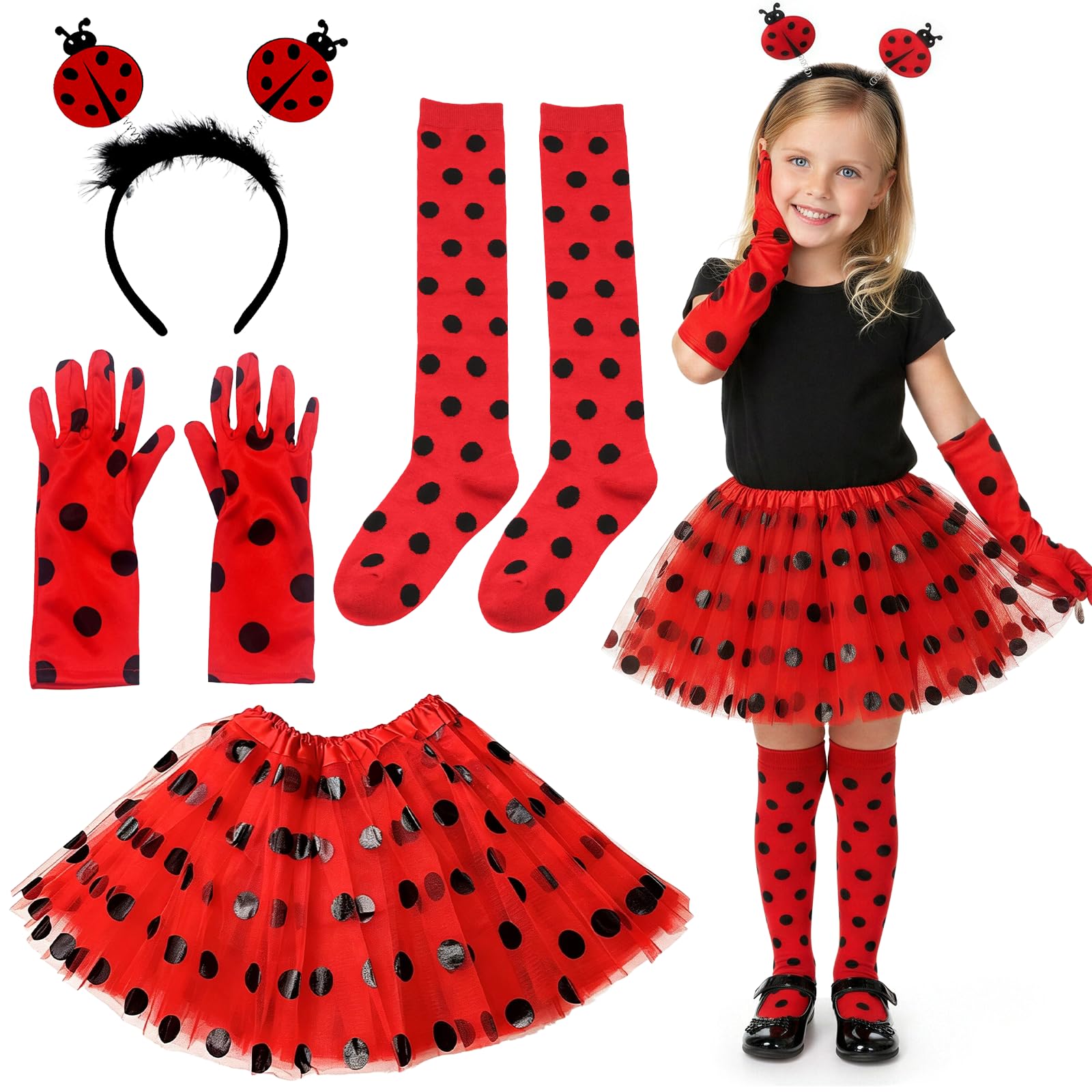 YAEGIMHT Ladybird Costume Kids Girls, 4 Pcs Fairy Costume Set with Polka Dot Tutu + Arm Covers + Leg Warmers+ Ladybird Headband, Animal Dressing Up for Carnival Halloween Performance Girls 3-7 Years