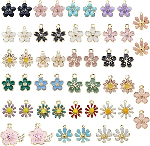 40 piezas (20 pares) surtidos de flores esmaltadas chapadas en oro, delicados, colgantes mezclados, dijes para aretes, joyería, collares, pulseras,