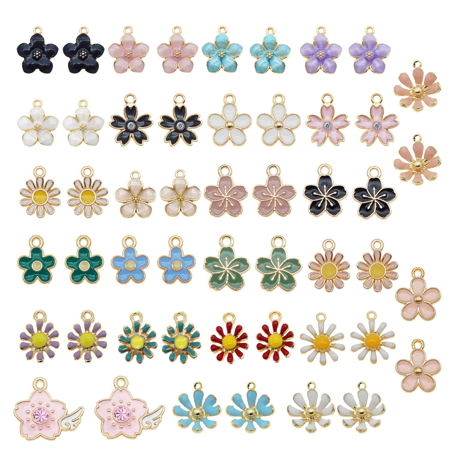 JJGQAZJJG 40pcs(20PAIRS) Assorted Gold Plated Enamel Flowers Dainty Dangle Mixed Pendants Charms for Earrings Jewelry Making Necklace Bracelet