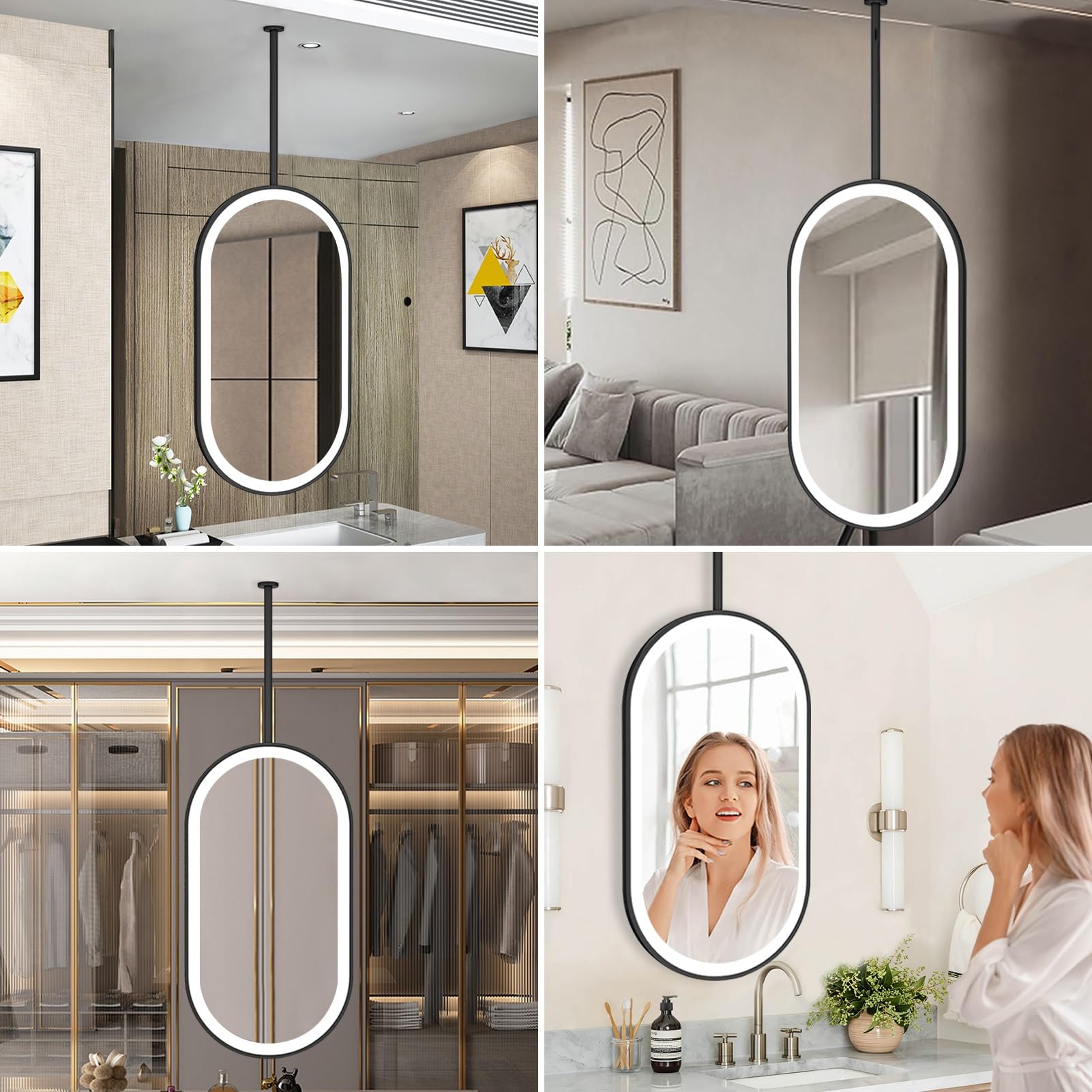 Specchio ovale da soffitto a LED con luci, grandi specchi da toeletta per soggiorno e corridoio, specchio con cornice in metallo nero - Mirror Boom personalizzabile(40cmx60cm)