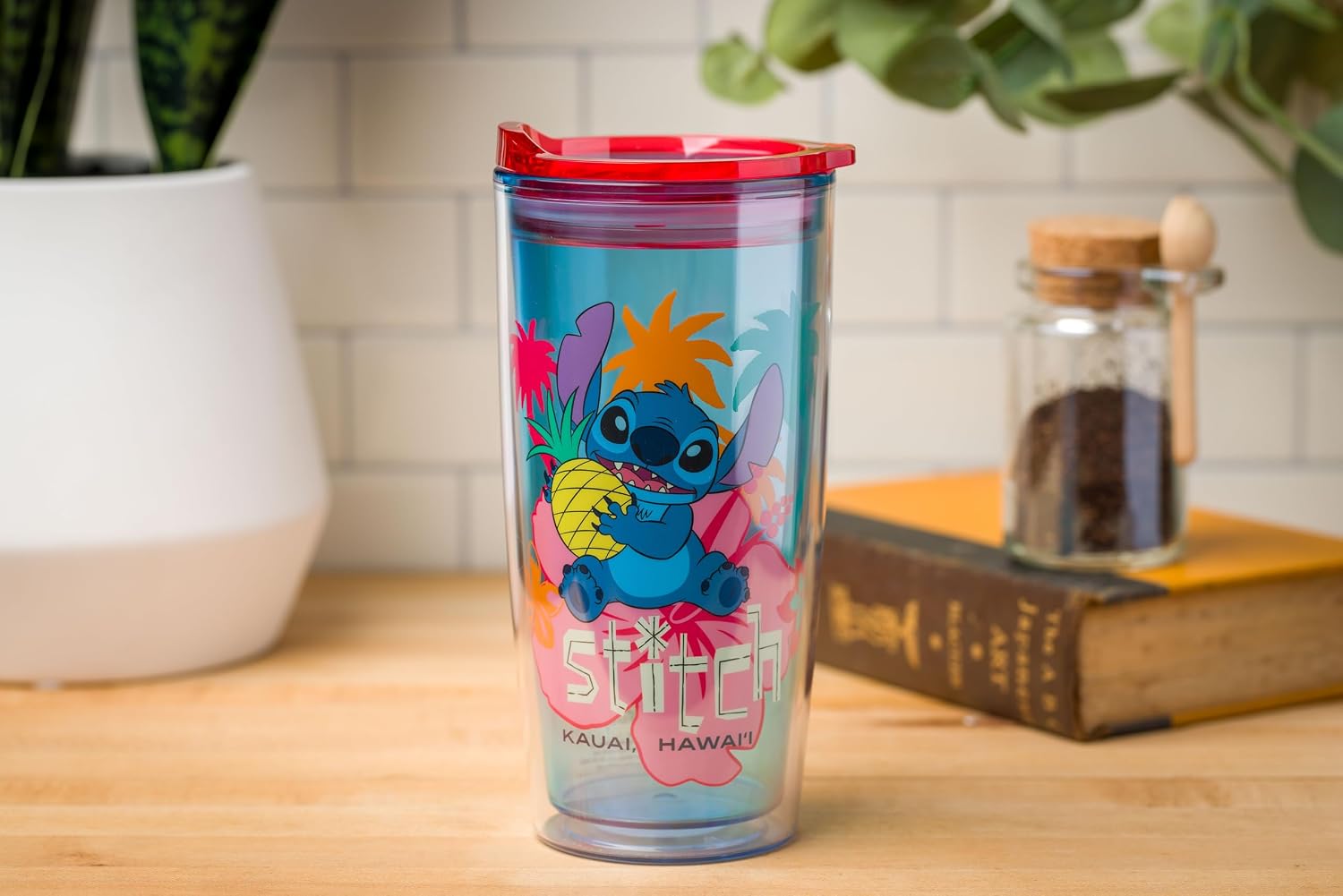 Silver Buffalo Disney Lilo and Stitch Holding Pineapple Tropical Kauai, Hawaii Double Wall Travel Tumbler with Slide Close Lid, 20 Ounces