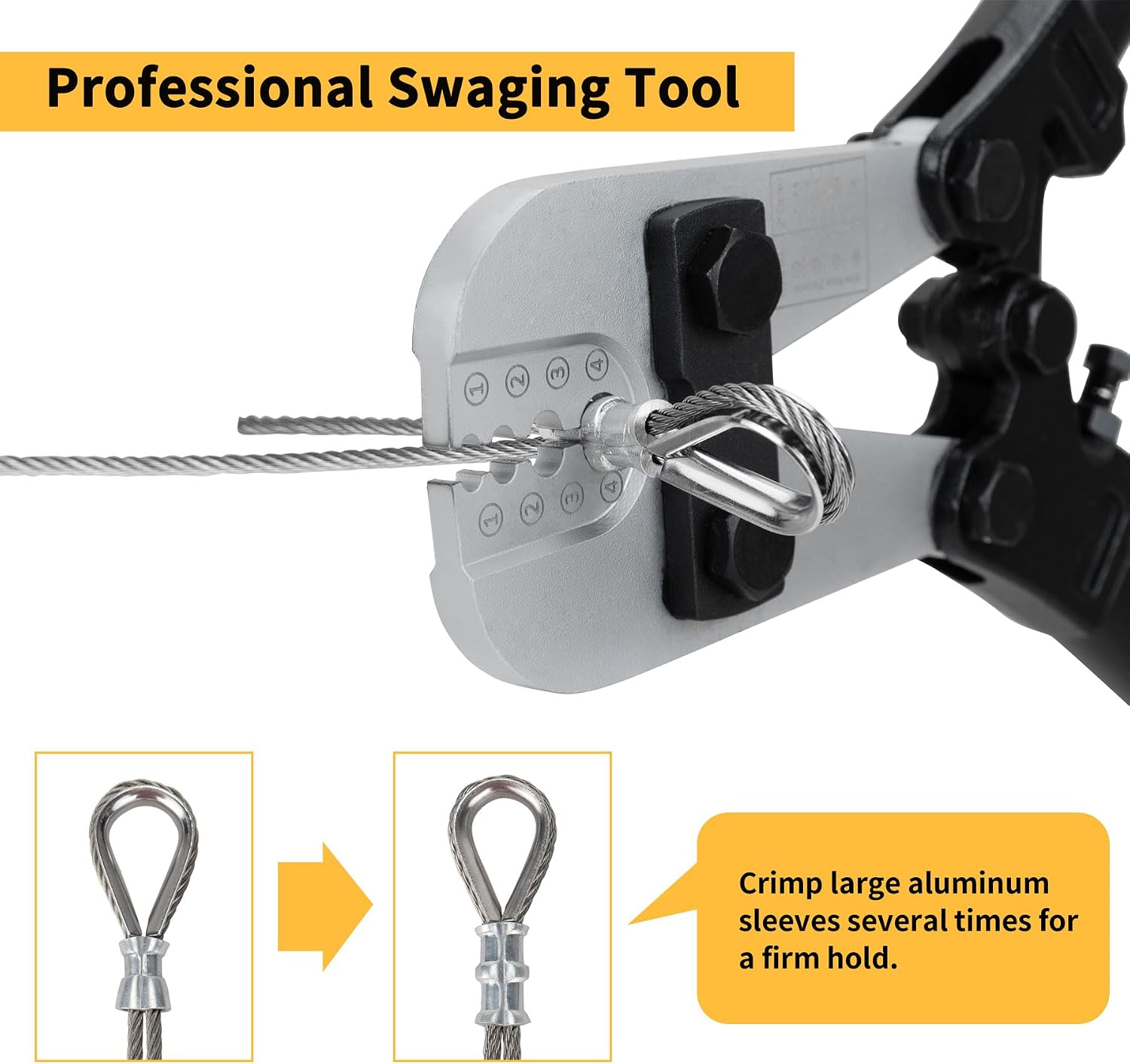 Wire Rope Crimping Tool Kit, Steel Cable Swaging Crimper for 3/64" 1/16" 3/32" 1/8" Aluminum Oval Sleeves, Thimbles, Cable Railing Crimping Pliers with 50pcs Double Barrel Ferrules