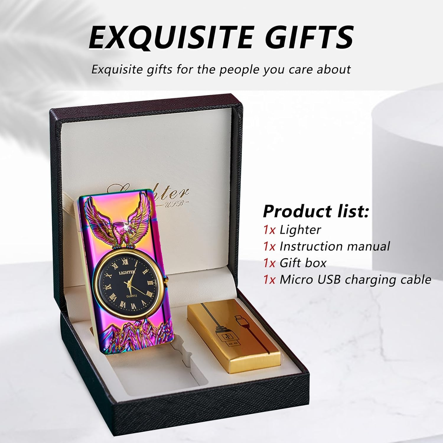 BABOBIU Electric Lighter Cool Windproof Eagle Lighter Flameless Candle Lighters USB Rechargeable Lighters with Cool Clock dial Gift for Men, Boyfriend, Husband (Colorful)