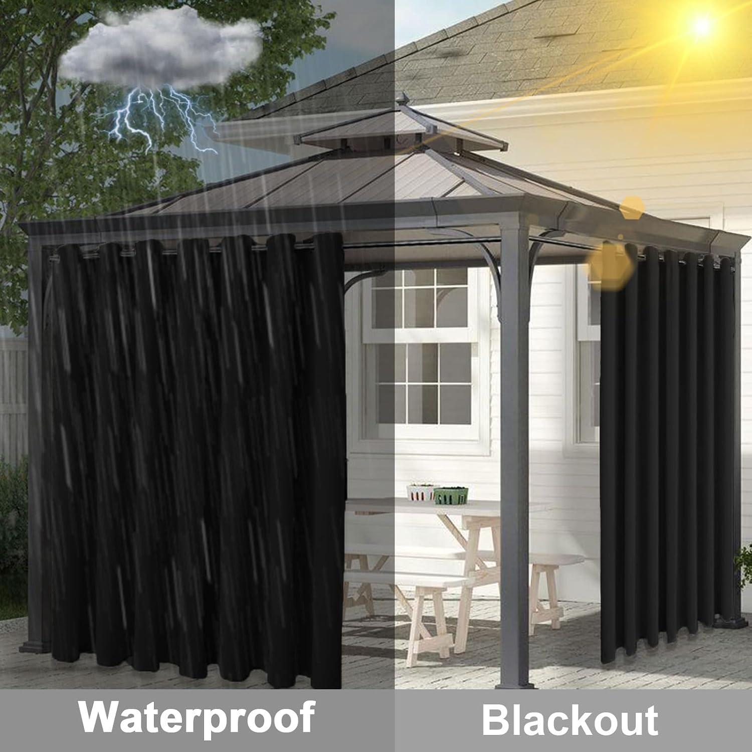 Waterproof Outdoor Curtains for Patio, Indoor Blackout Privacy Curtain for Bedroom, Sun Blocking Curtains for Gazebo, Pergola, Backyard, Cabana, Porch | 1 Panel, W84 xH108, Black