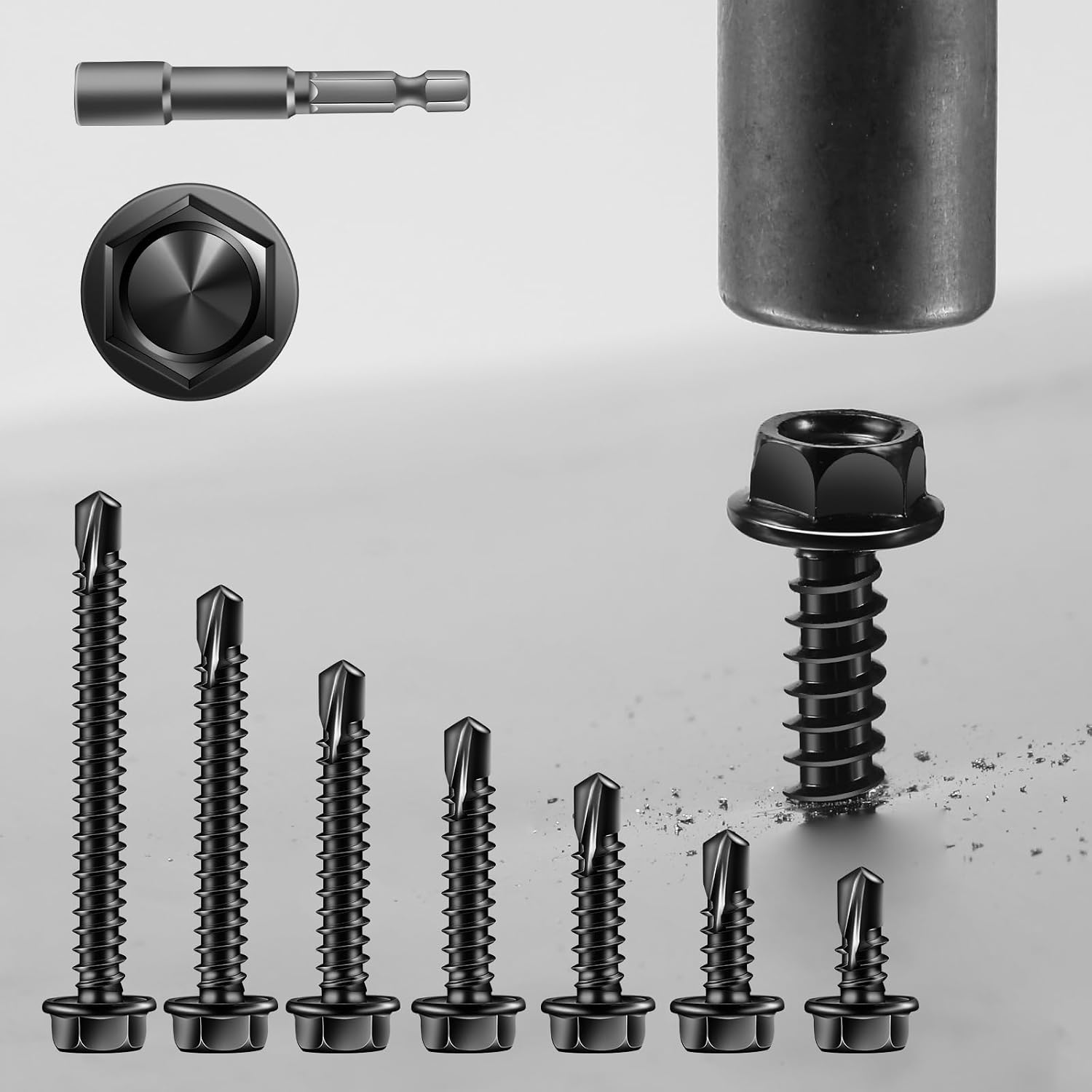 #8 x 3/4" Self Drilling Screws (215Pcs) Hex Washer Head 410 Stainless Steel Self Tapping Screws for Metal Sheet Metal Screws Black Oxide with Hex Socket Included