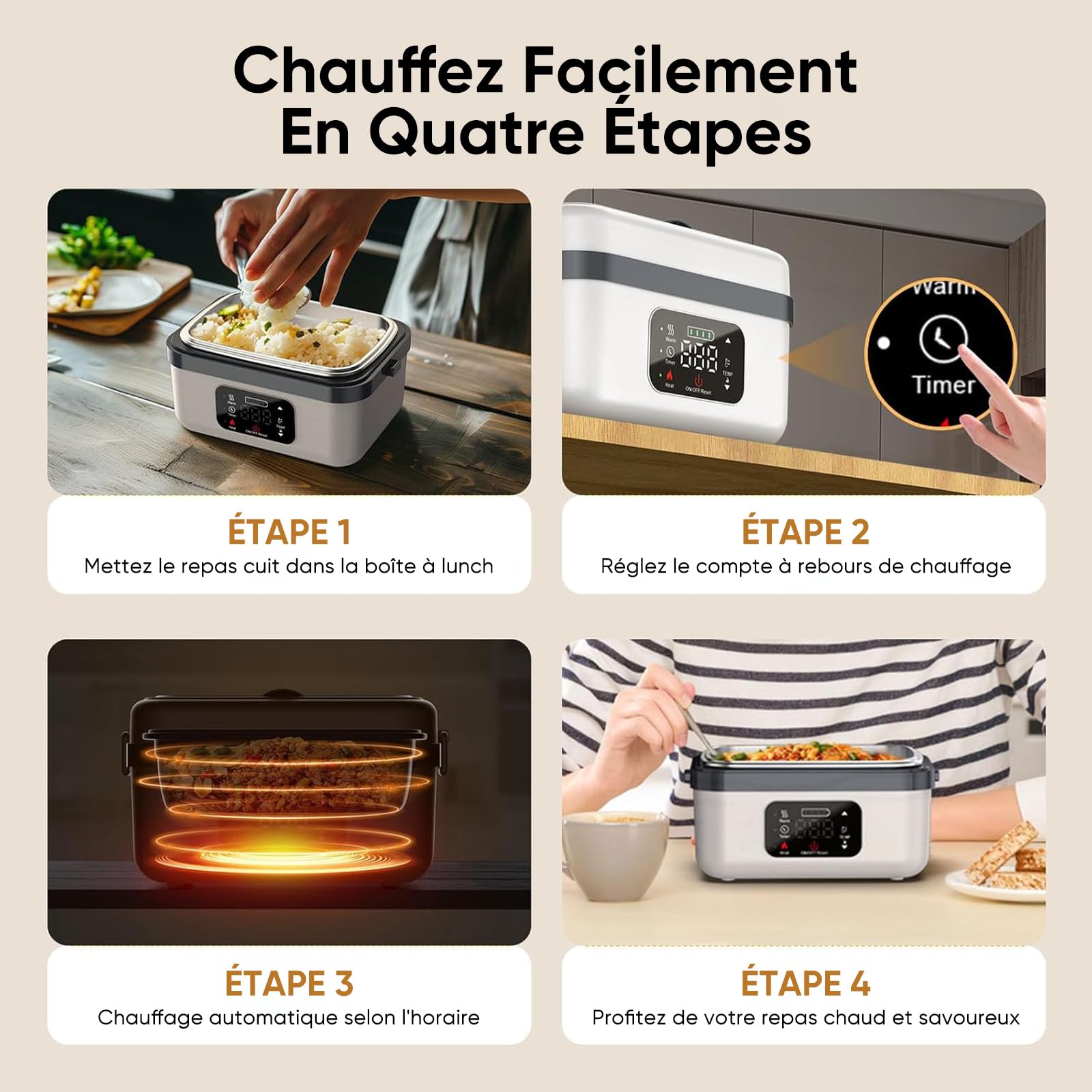 1L Gamelle Chauffante Batterie,Lunch Box Chauffante Batterie,Préchauffage,Fond Scellé Joint Caoutchouc, Démontable Lavable,Étudiants/Salariés/Chauffeurs/Ouvriers du Bâtiment (Blanc)