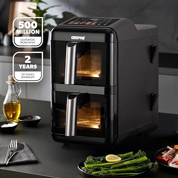 GEEPAS 2800W Dual Basket Stack Air Fryer | 12L XXL Capacity 2x6L Twin Baskets | Space-Saving Vertical Design with Sync Cook for Both Baskets 10 Presets Rapid Air Tech Energy Efficient Healthy Cooking