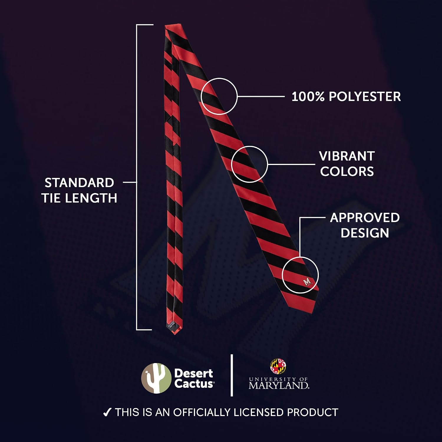 Desert Cactus University of Maryland - College Park Neck Tie UMD Terrapins Terps 100% Polyester Necktie with Logo, Officially Licensed