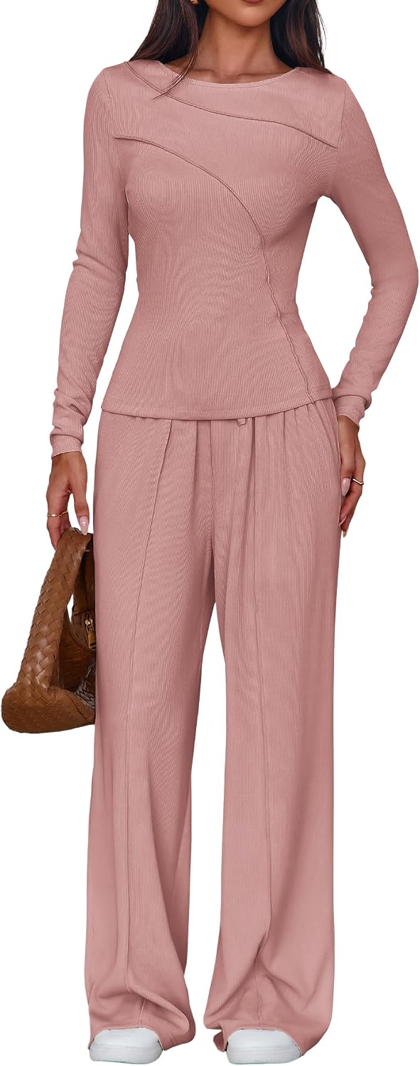 Lazysmile Lounge Sets For Women 2 Piece Sets Fall Outfits Long Sleeve Tops with Wide Legs Pants Casual Matching Set image 5
