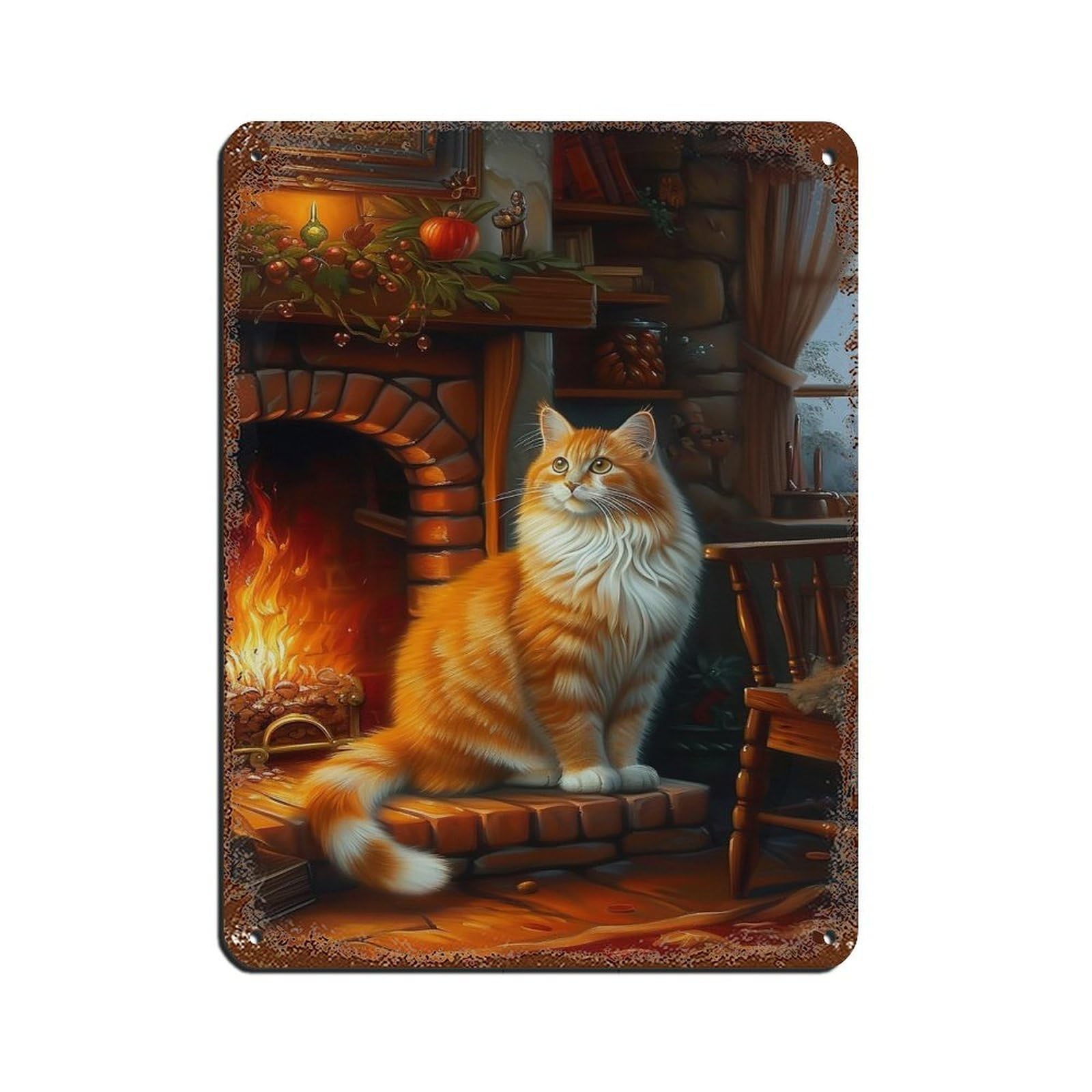 Cottage Cat on Fireplace Oil Painting Poster Retro Poster Metal Tin Sign Chic Art Retro Iron Painting Bar People Cave Cafe Family Garage Poster Wall Decoration 12x16inch(30x40cm)