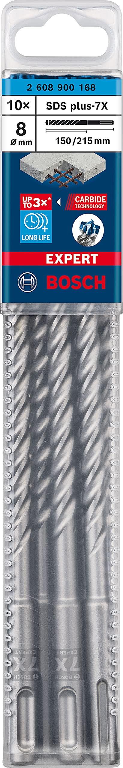 Bosch Professional 10x Brocas para martillo Expert SDS plus-7X (para Hormigón armado, Ø 8.00 x 215 mm, accesorios Martillo perforador rotativo)