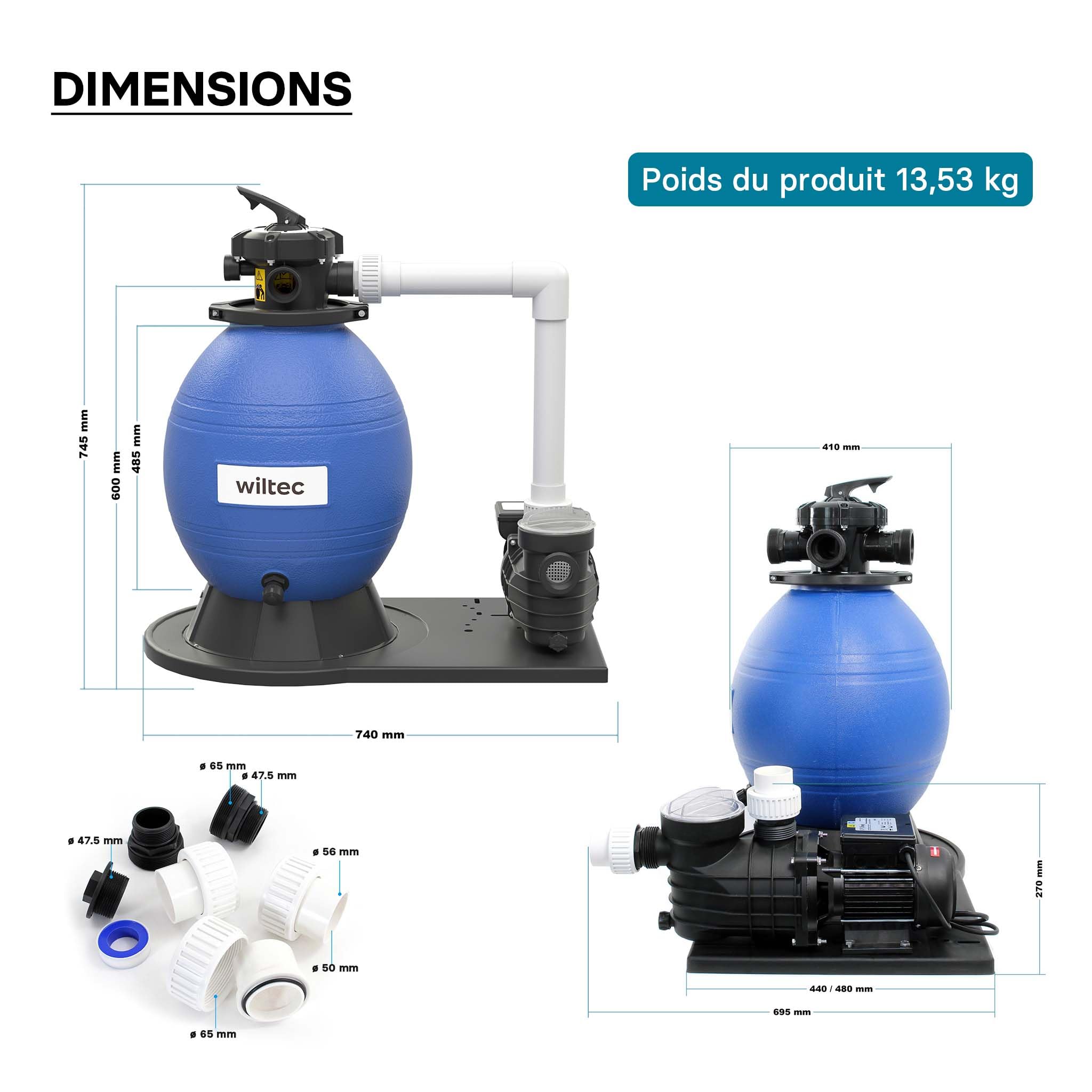 WilTec Filtre à Sable et Particules – 550 W – capacité 38 l / 30 kg – 18 000 l/h – avec Vanne 5 Positions et Pompe de filtrage Auto-amorçante – Cuve de Filtration pour Piscine Hors-Sol Swimmingpool