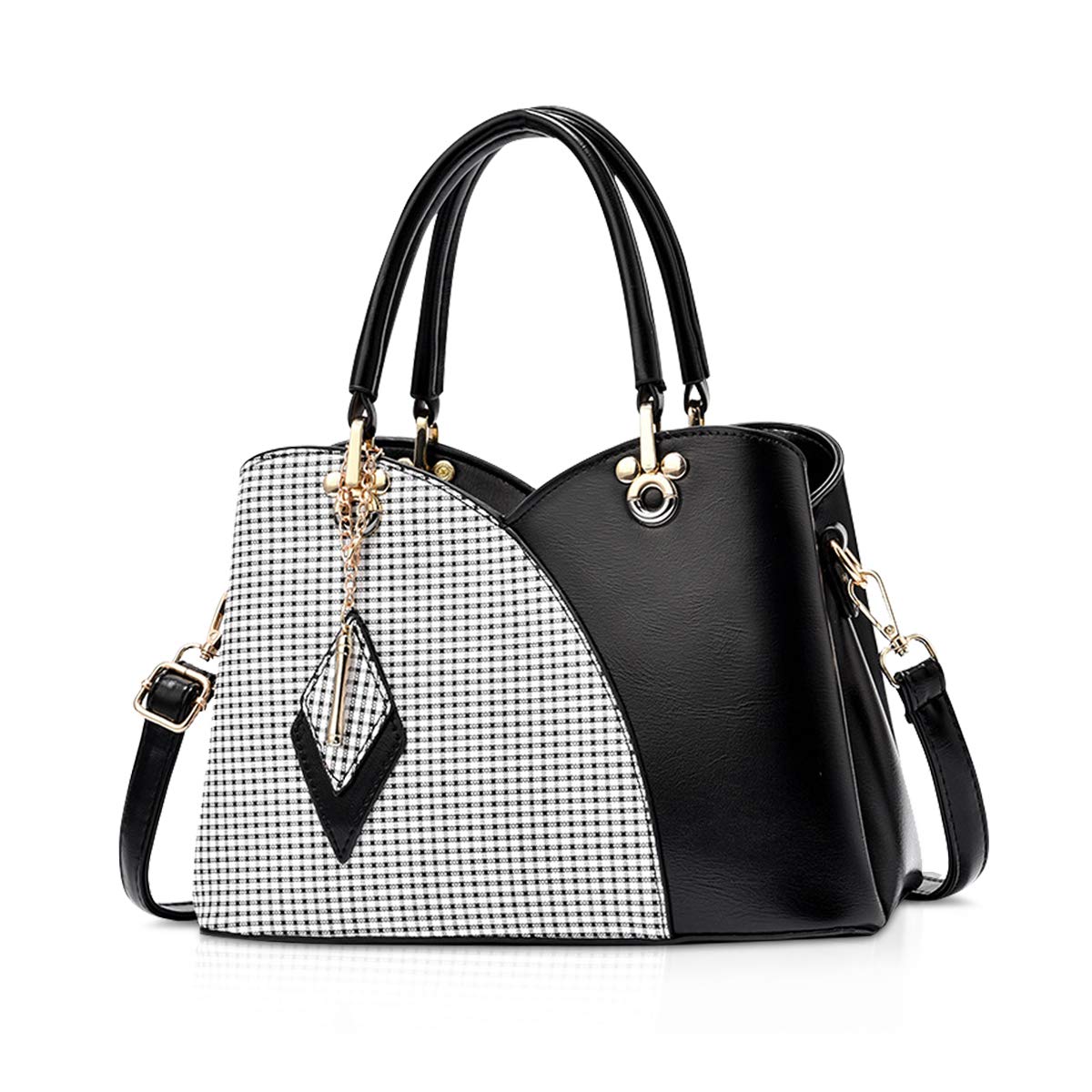 NICOLE & DORIS Elegante Damen Handtasche mit Mehreren Taschen Schultertaschen aus PU-Leder Henkeltaschen Karierte Umhängetasche mit Anhänger