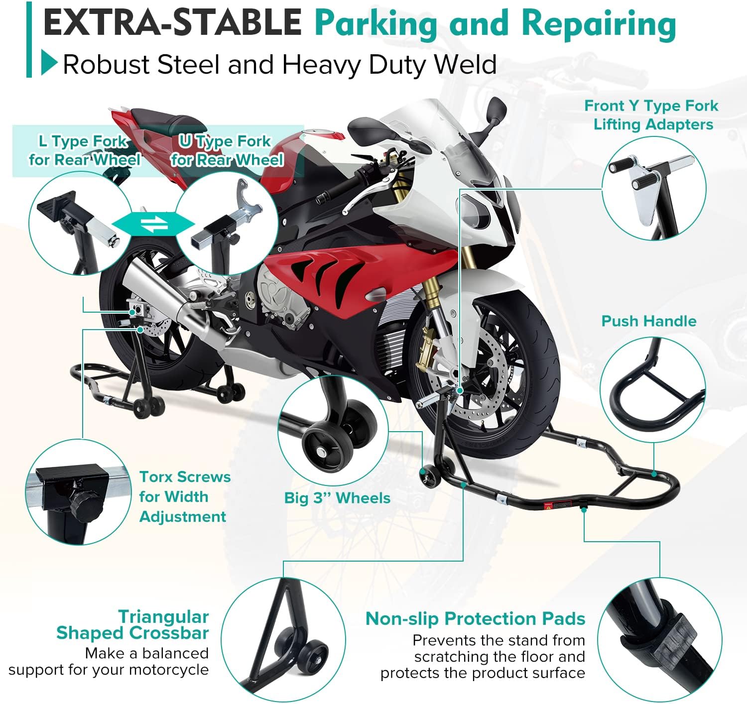 Motorcycle Stand 850LB Sport Bike Front and Rear Wheel Lift Swingarm Paddock Stands Black, U L