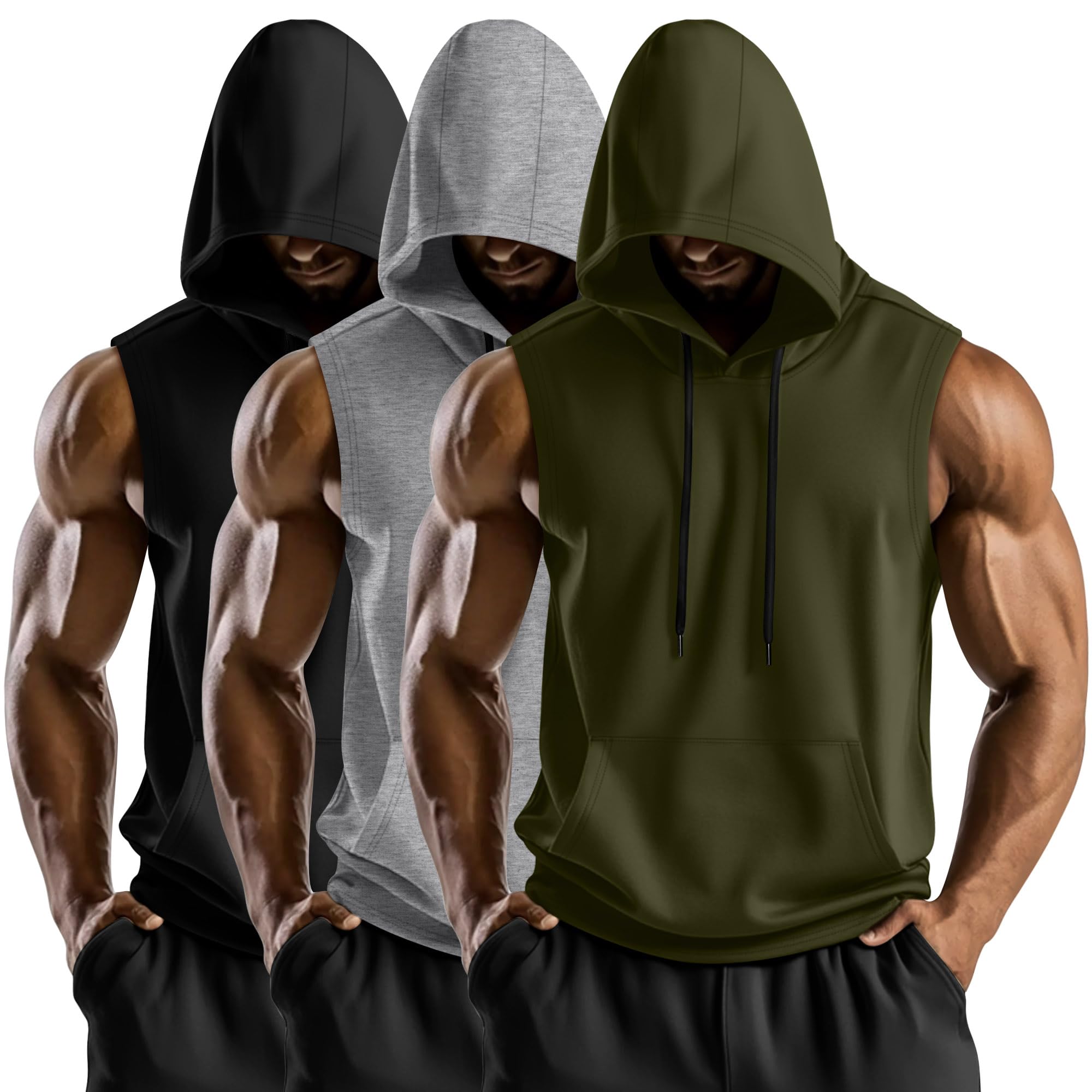 August Alley 3 Pack Men's Hooded Tank Tops, Workout Sleeveless Gym Hoodie Muscle Bodybuilding Running Cut Off Shirts