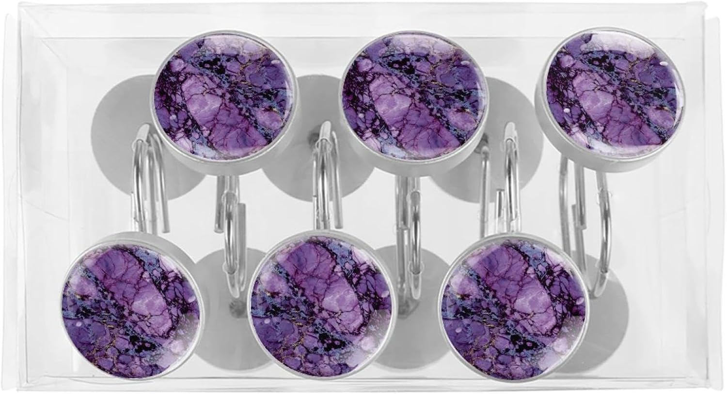 Purple Marble Shower Curtain Hooks, Rustproof Shower Curtain Rings for Bathroom, Stainless Steel Shower Hooks for Shower Curtain Rod, Decorative Shower Curtain Hangers Set of 12