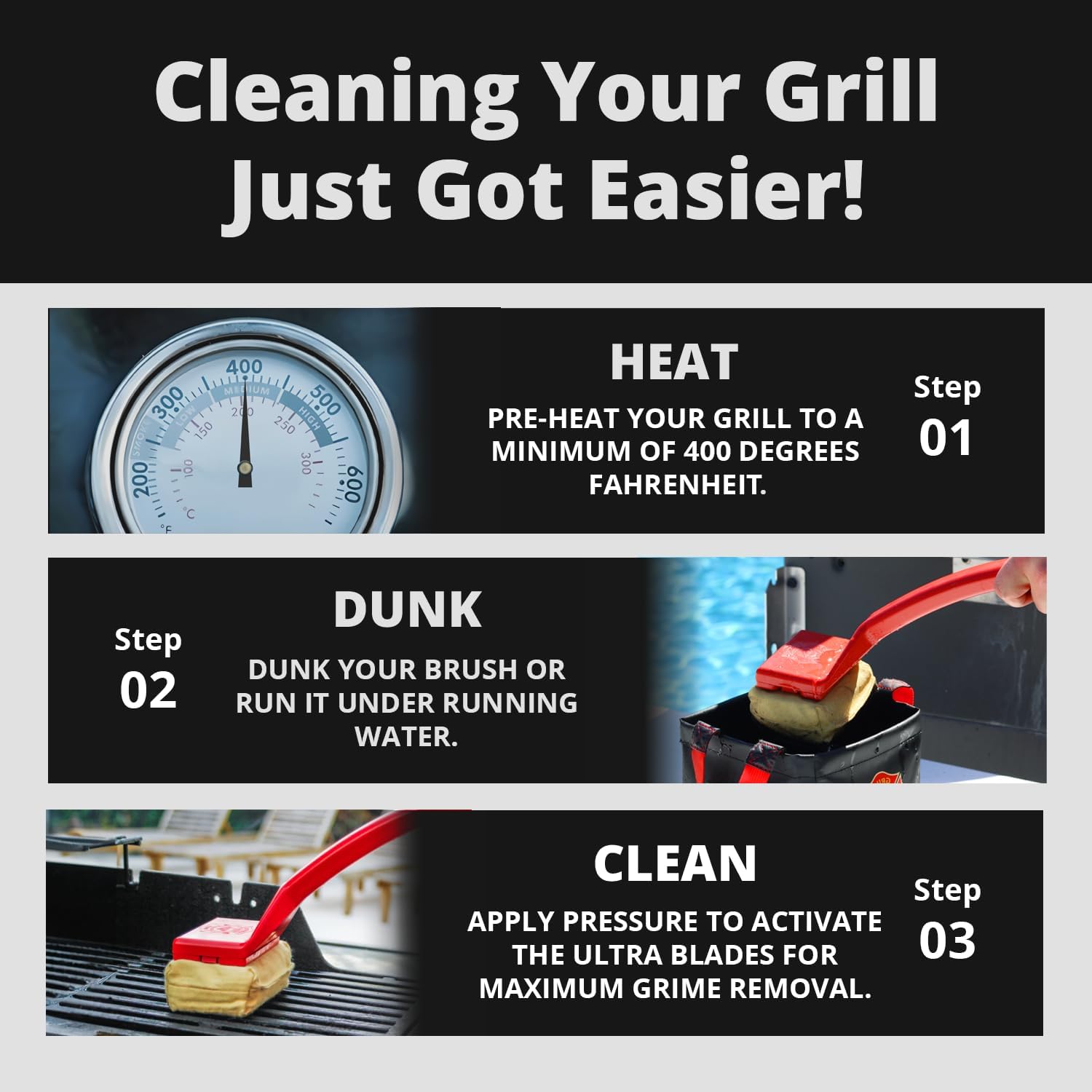 Grill Rescue BBQ Replaceable Cleaning Head, Bristle Free Grill Brush- Durable and Unique Grill Tools for Cast Iron or Stainless-Steel Grates, Barbecue Cleaner (Ultra)