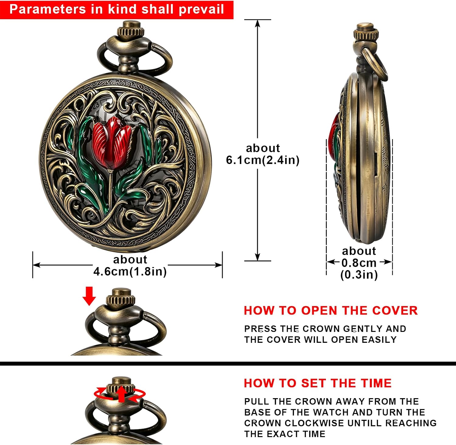 Tiong Pocket Watch Flower 3D Pattern Vintage Quartz Pocket Watches with Chain Christmas, Graduation, Birthday Gifts Mother's Day