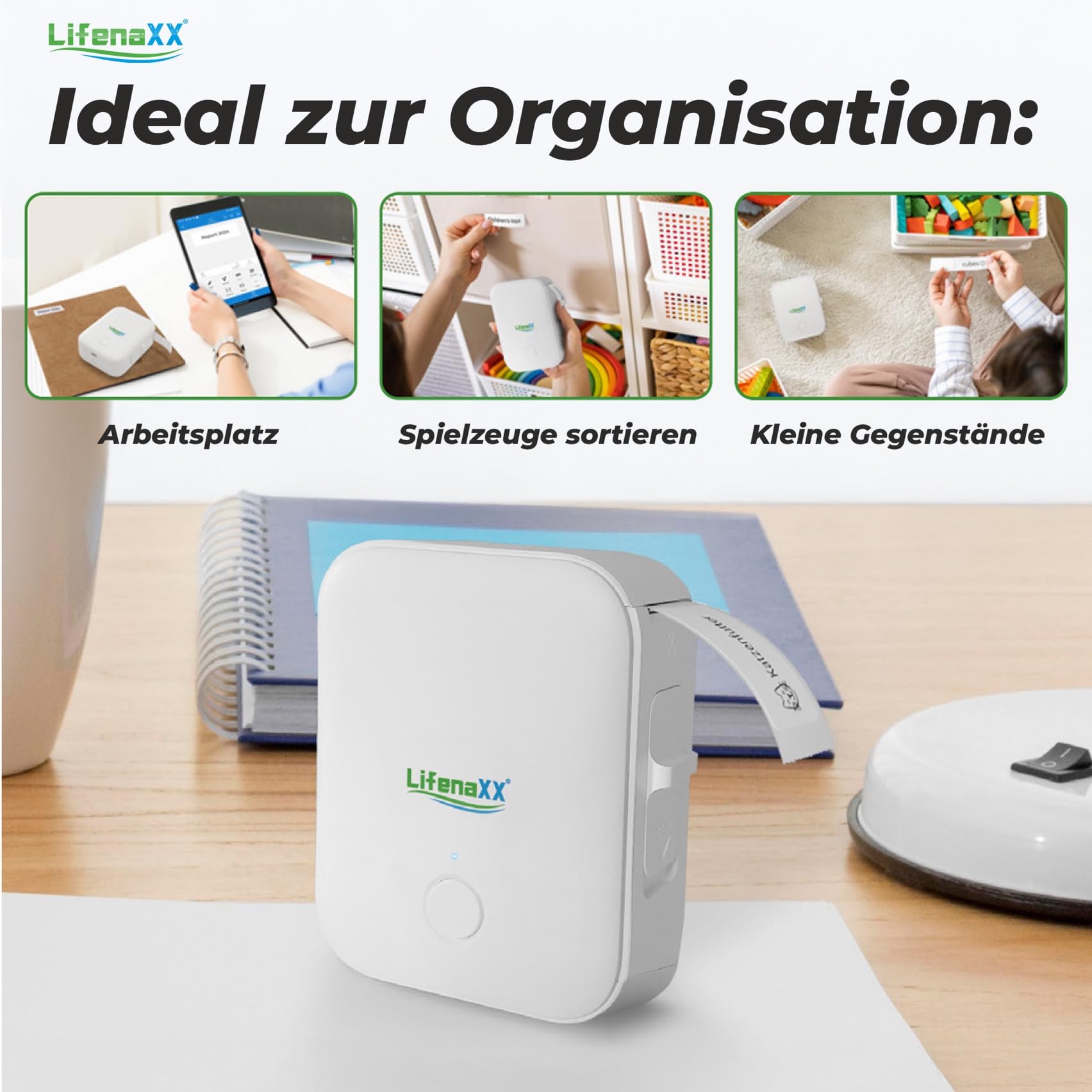 Lifenaxx Tragbarer Thermodrucker mit Etiketten LX-048 - Drahtloses, appbasiertes Drucken, USB-C wiederaufladbar, 1000 Etiketten pro Ladung - Mini-Tintenloser Etikettendrucker für Zuhause & Büro