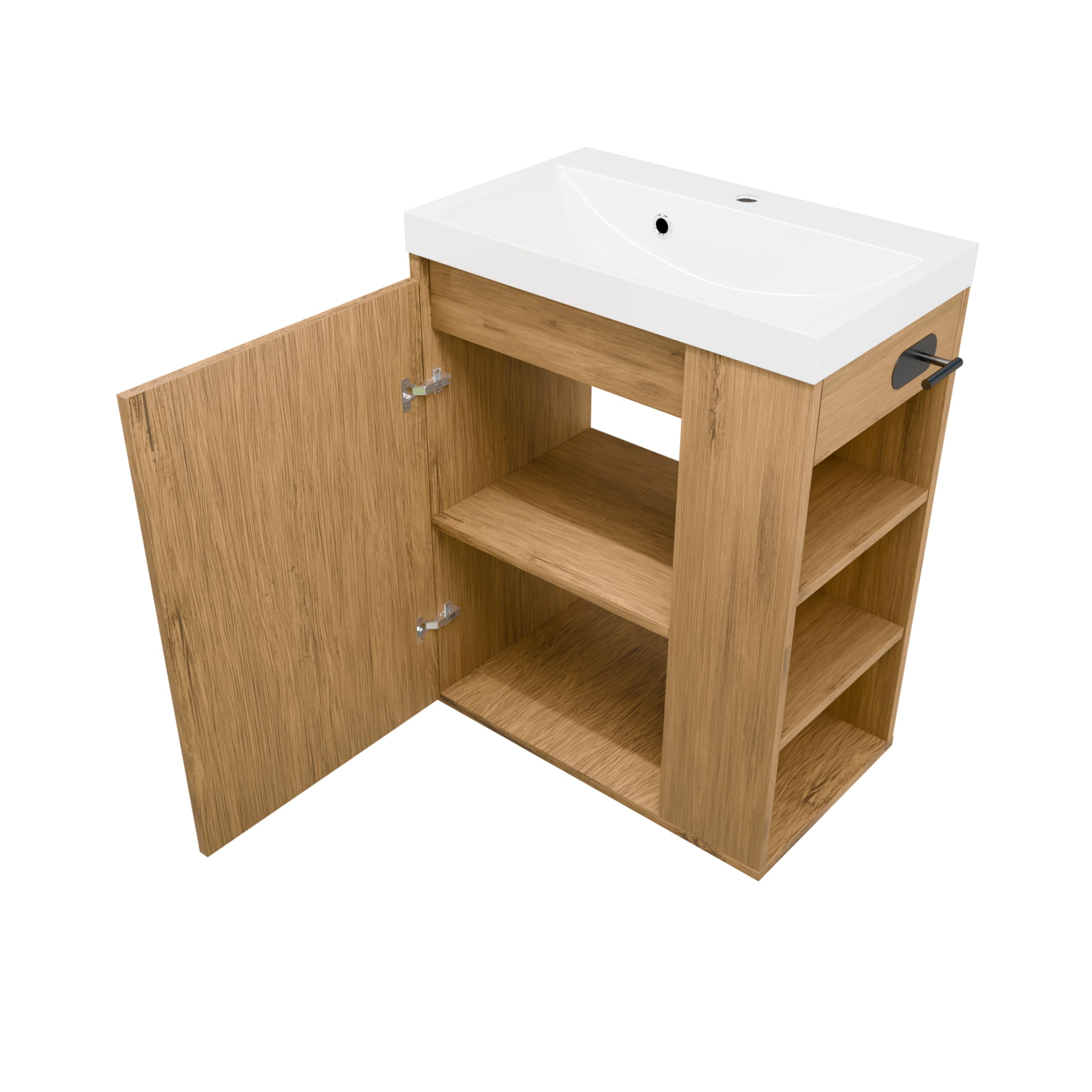 Mobile base con lavabo SEVA, 57 cm di larghezza, Set di mobili da bagno per bagno e WC ospiti, Lavabo in piedi o sospeso, Mobiletto con portarotolo - Rovere Lancillotto