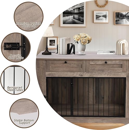 Miniatura 20 de Muebles grandes para jaula para perros, jaula decorativa resistente para interiores, mesa auxiliar de madera para perros con estación de carga, casa