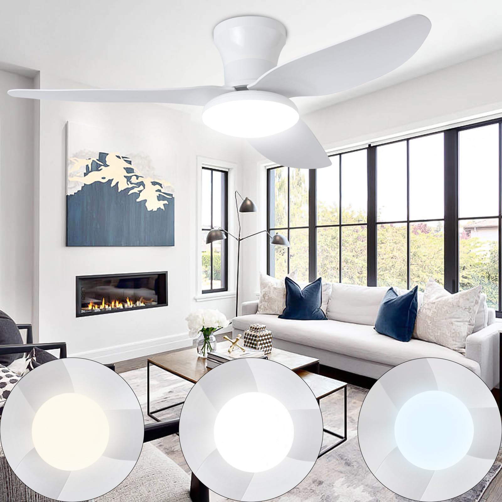Caunmar 39" Ceiling Fans with Lights and Remote Smart Led Ceiling Fan Light 3 Color Dimmable Fan Lights Ceiling for Bedroom Timing 6 Speeds for Living Room, Dining Room and Kitchen-White