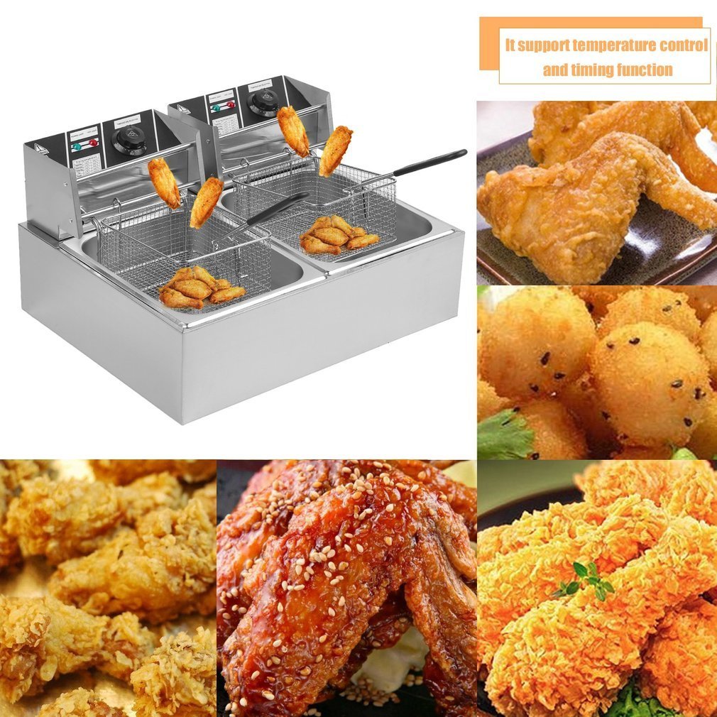 Belovedkai Electric Deep Fryer, 20L Stainless Steel Commercial Electric Deep Fat Fryer Temperature Control Timing Fryer with Drain & Basket,Single Tank/Dual Tank (20L Double Basket)