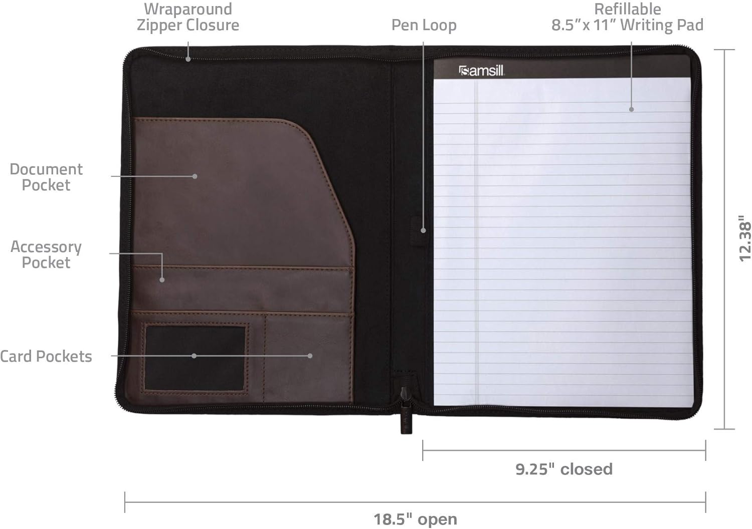 Samsill Vintage Portfolio/Zipper Faux Leather Portfolio, Book Style Hardback Design, Business & Interview Padfolio Organizer, 8.5 x 11 Writing Pad, Dark Brown : Office Products