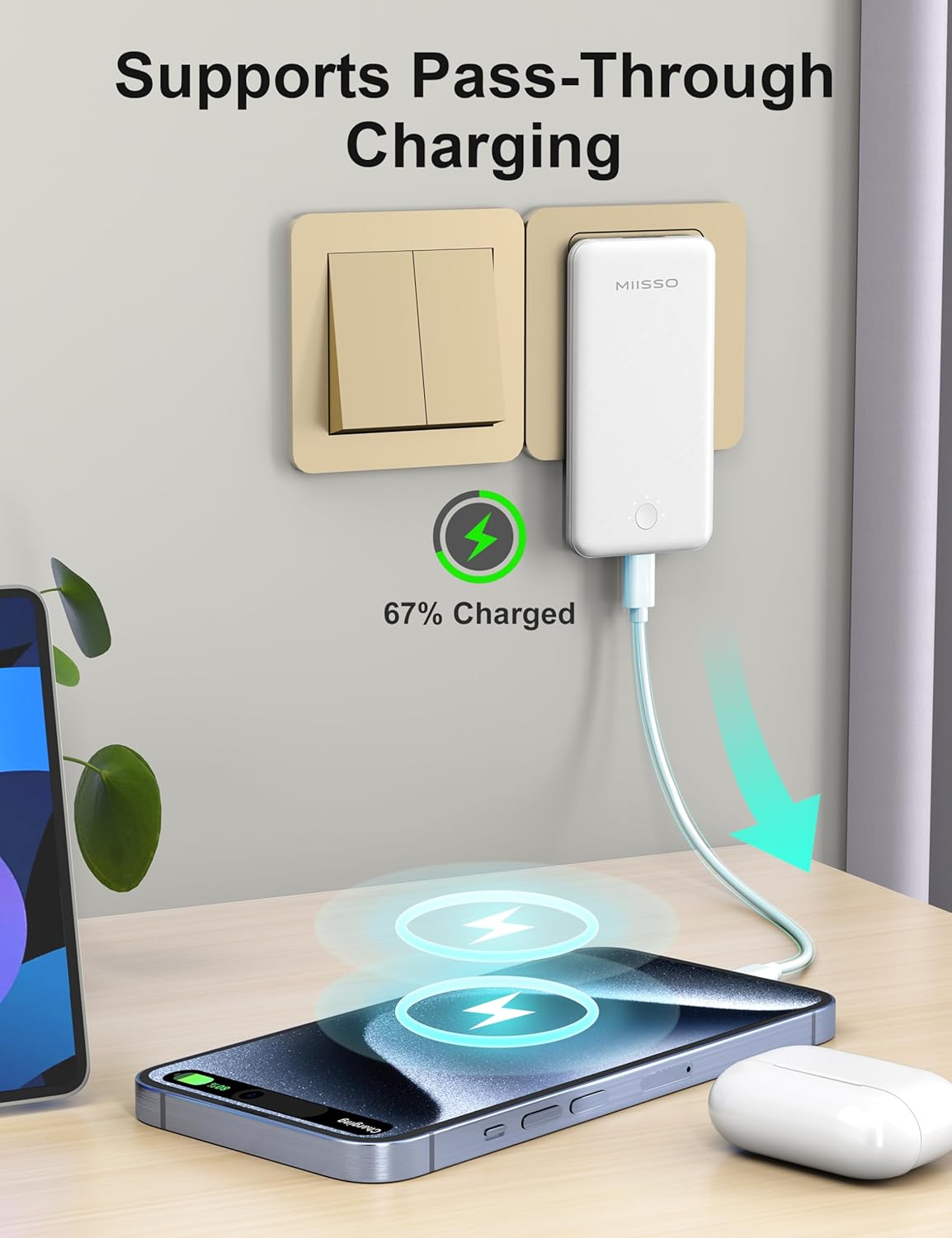 miisso Ultra Slim 10000mAh Power Bank Built-in Cables and Foldable AC Wall Plug, Pocket Size USB C Portable Charger, External Battery Pack Compatible with iPhone Samsung, White