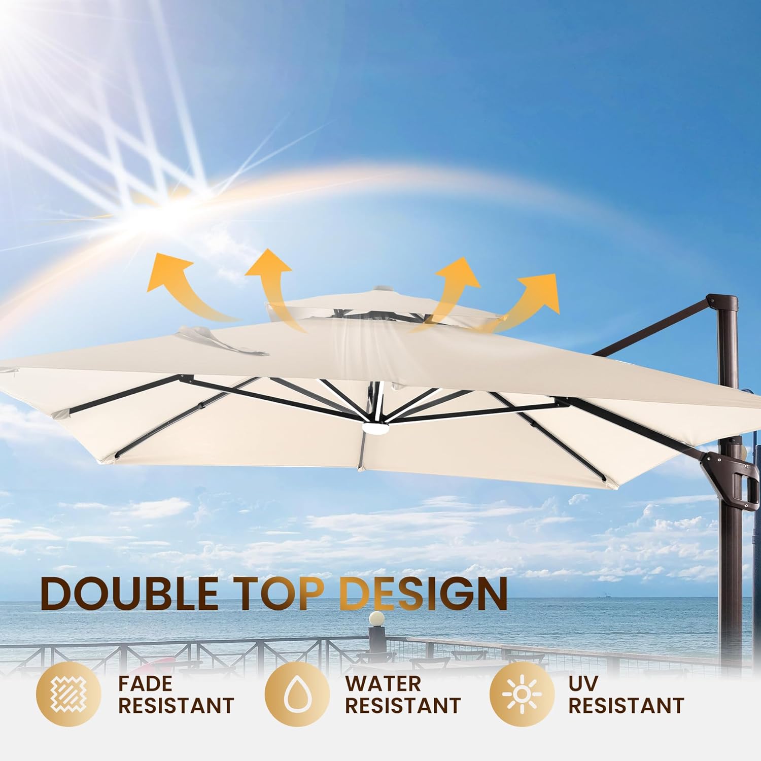 10 X 13 FT Cantilever Patio Umbrella with Led Lights and Base Included Outdoor Heavy Duty Double Top Rectangle Offset Umbrellas with 360-degree Rotation for Pool Deck Backyard, Beige - Image 8