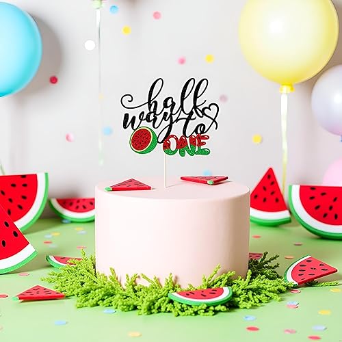 Miniatura 7 de Sleyberoy Decoración de pastel de Half Way to One, letrero de sandía feliz 6 meses, 12 camino a una fiesta, baby shower temático de frutas,