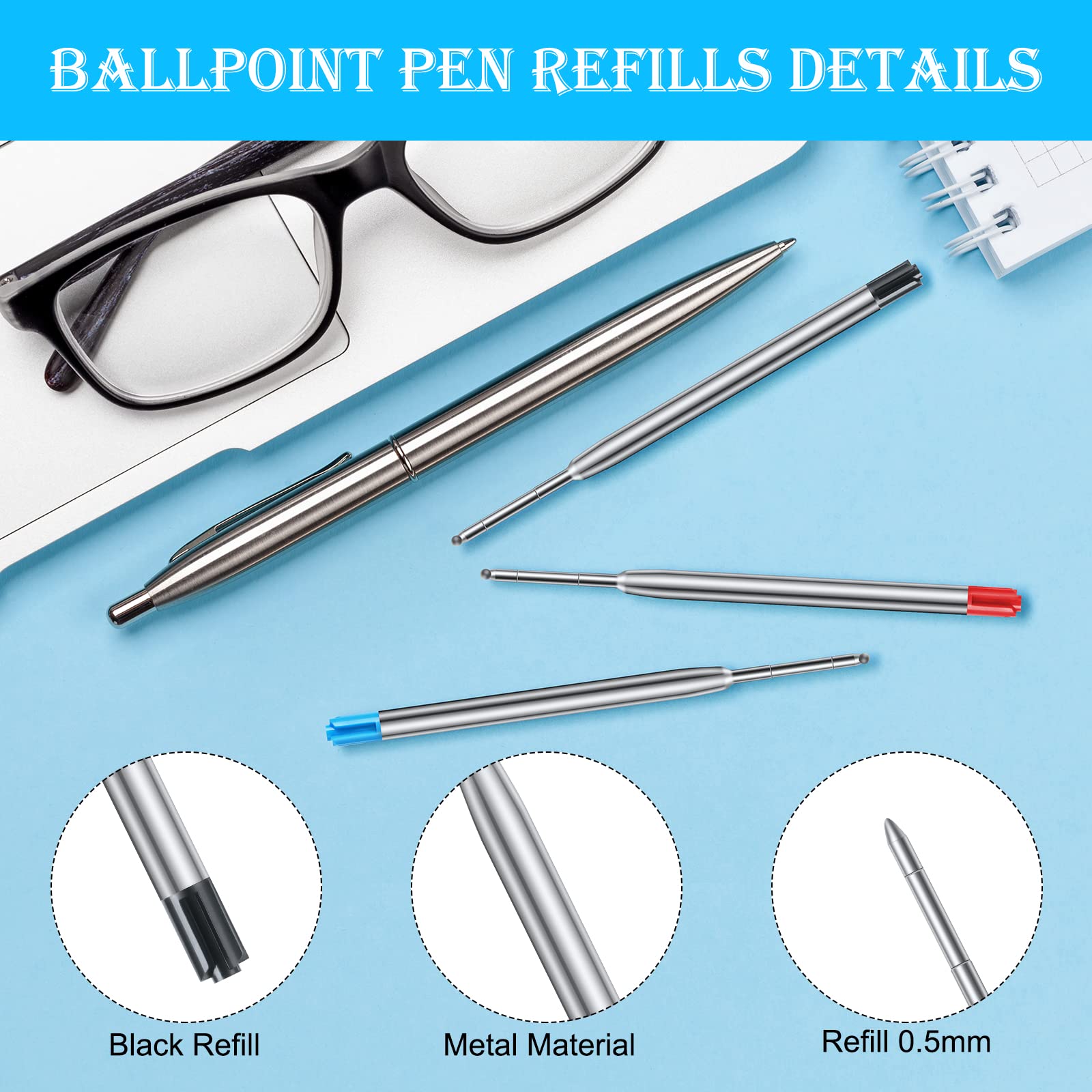 OFFCUP Gel Pen Refills, 20pcs Replaceable Metal Ballpoint Pen Refills, Medium Point - Image 3