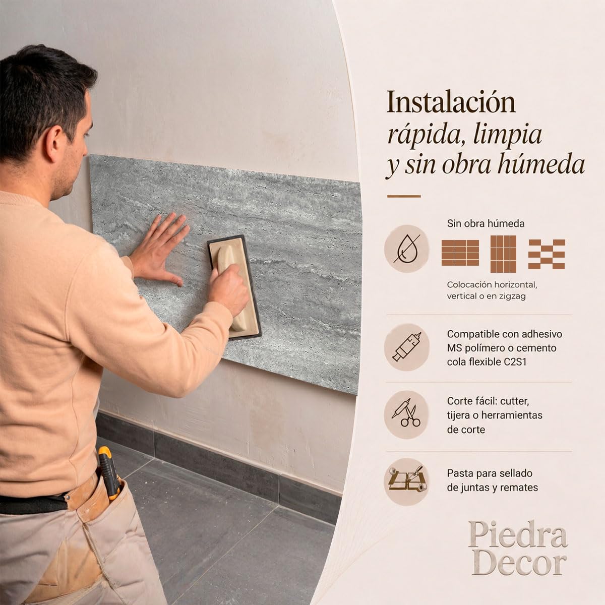 Panel piedra flexible TRAVENTINO GRIS IT-D02 60x120 cm - 3-5 mm ultrafino, ligero, curvable, resistente, interior y exterior, sin obra, textura real x4 uds acabado premium.