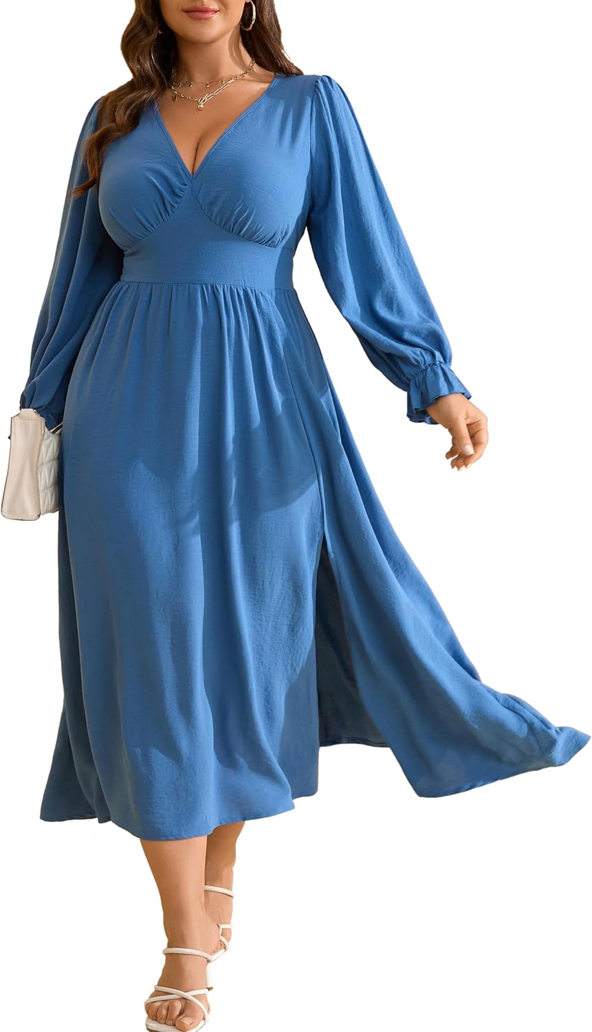 RWJ Plus Size Wedding Guest Dress for Women Deep V Neck Long Sleeve High Waist Slit Formal Cocktail Party Fall Maxi Dresses