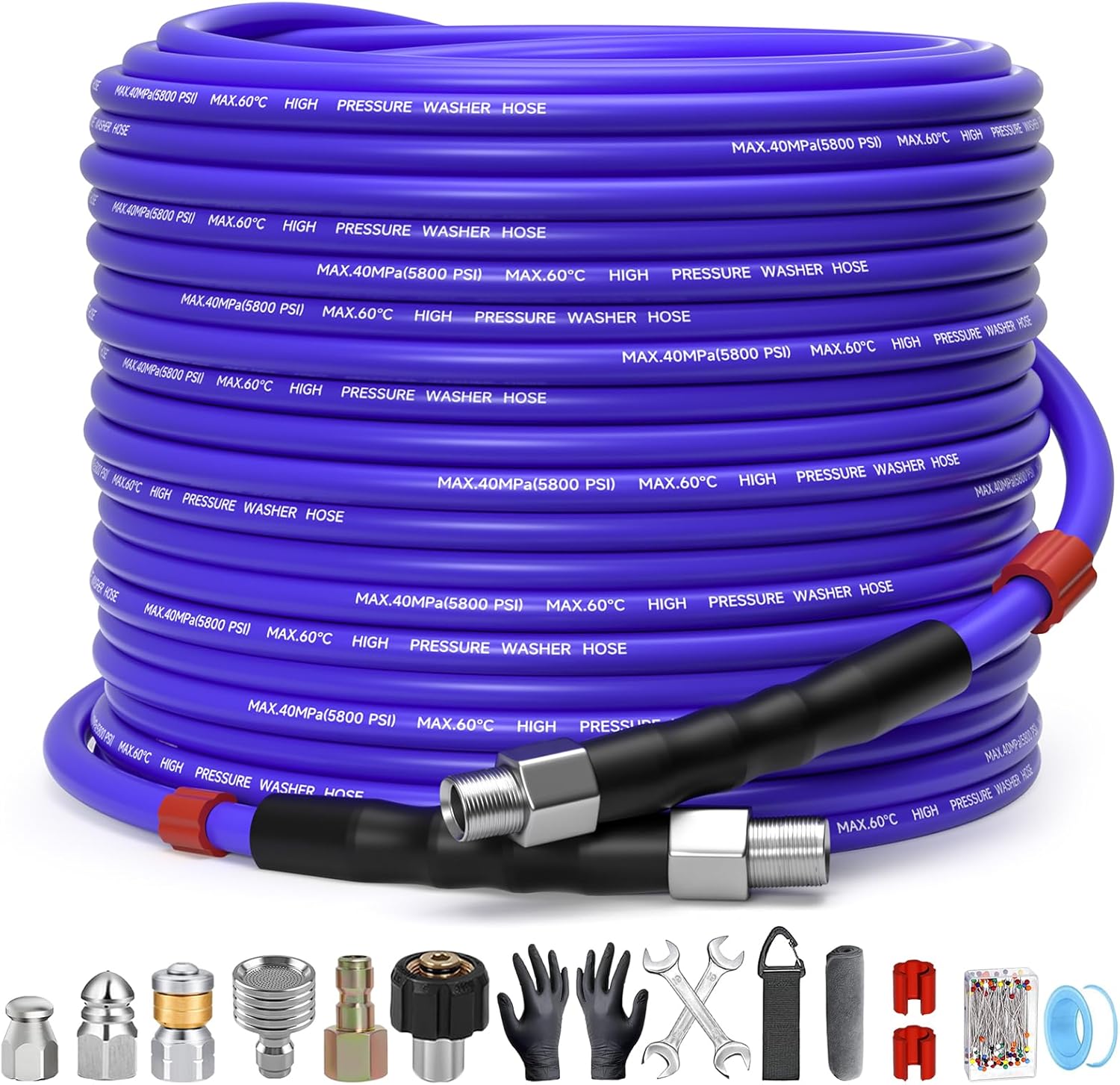 100FT Sewer Jetter Kit for Pressure Washer 1/4"NPT Drain Cleaner Hose 5800PSI Corner Rotating and Button Hose Sewer Jetting Nozzle Pearl Corsage Pin Tape Handle Strap Spanner