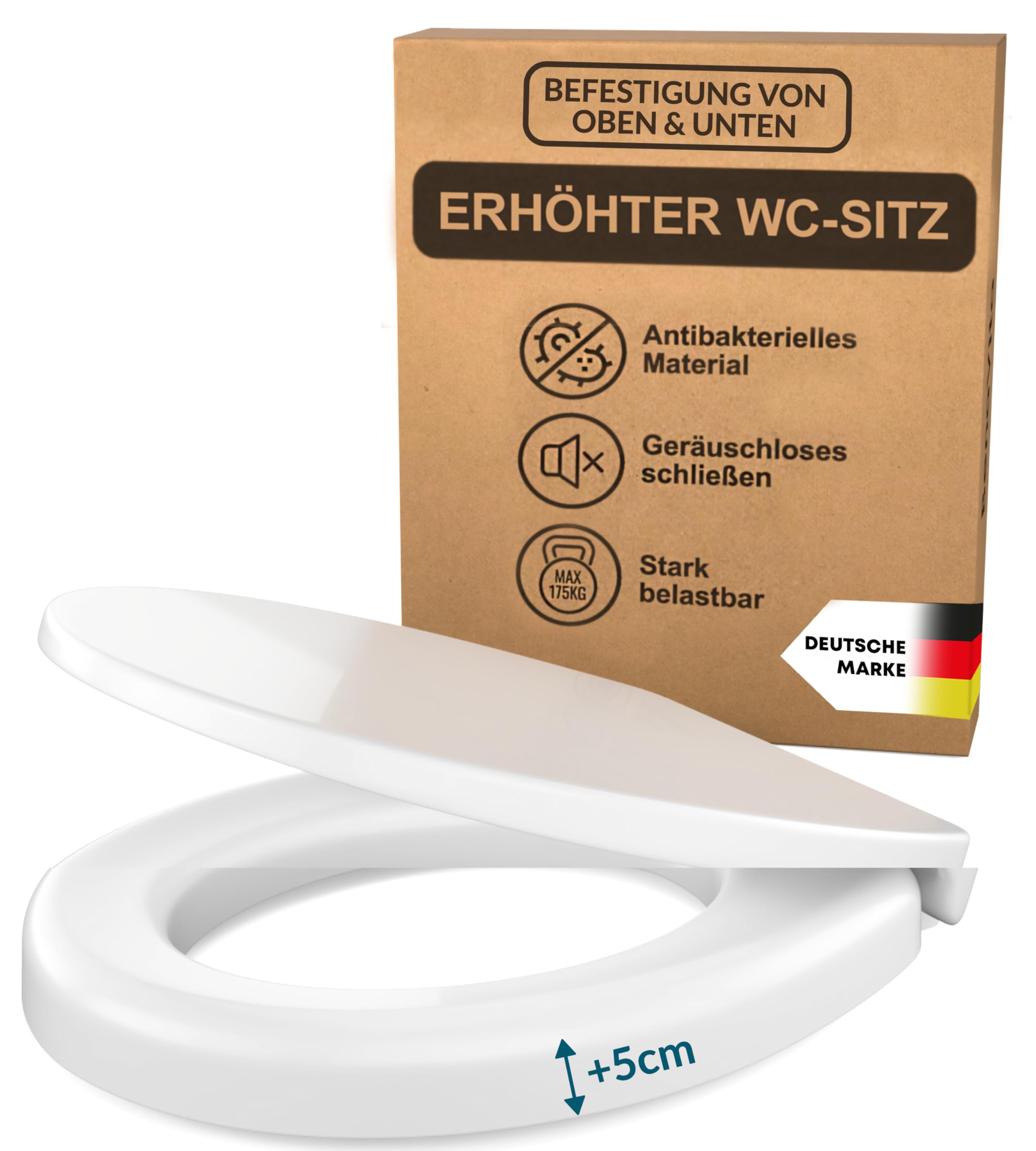 Elevador de Inodoro 5 cm Duroplast, Fijación Superior e Inferior | Asiento Elevado con Descenso Automático para Sentarse Cómodamente, Soporta hasta 175 kg, con Fijación Superior e Inferior