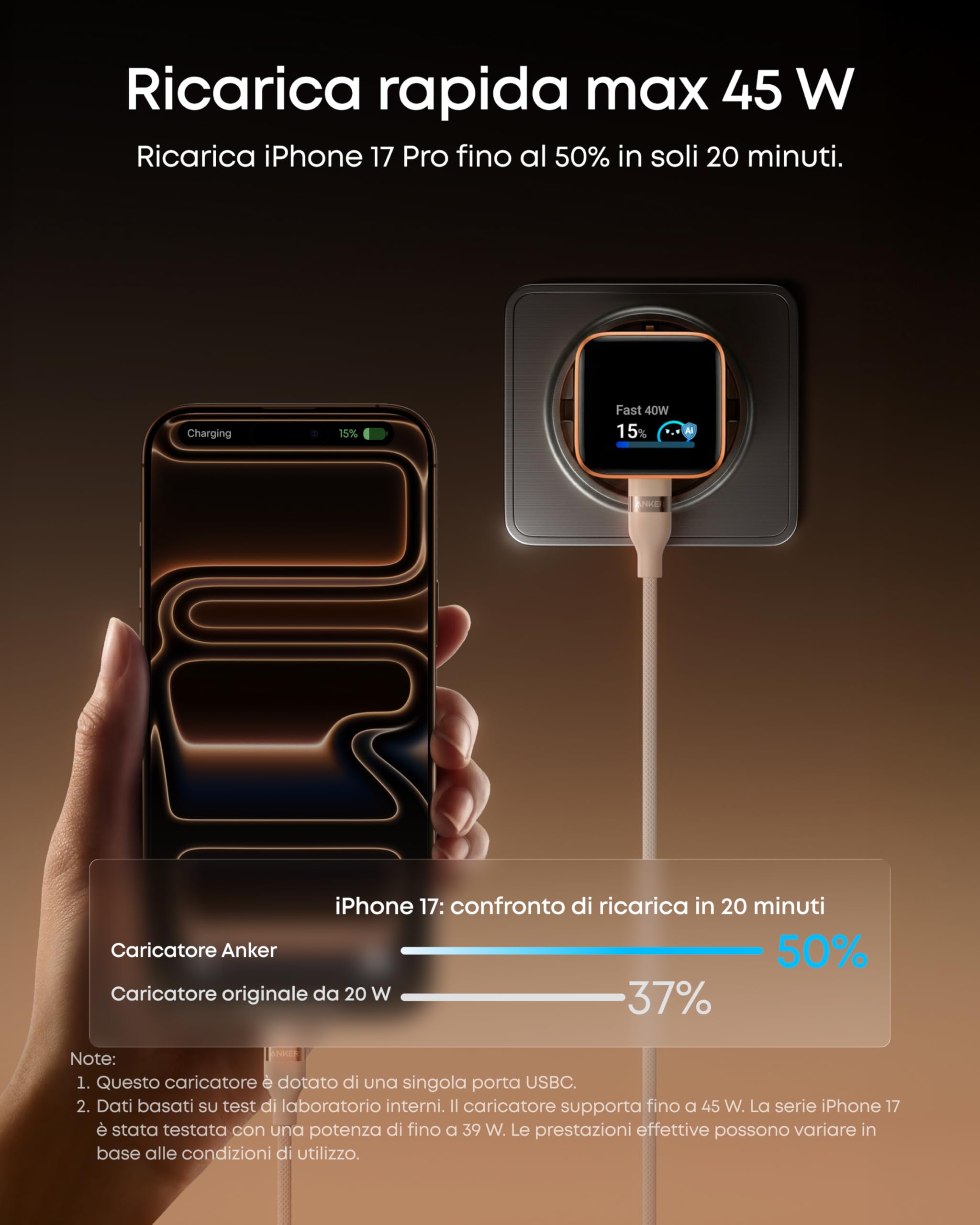 Anker Nano Caricatore iPhone da 45W con Smart Display, caricatore USB C, Ricarica Rapida, riconoscimento Intelligente, modalità Care, Design Compatto, per iPhone 17/16/15, iPad, MacBook e Apple Watch