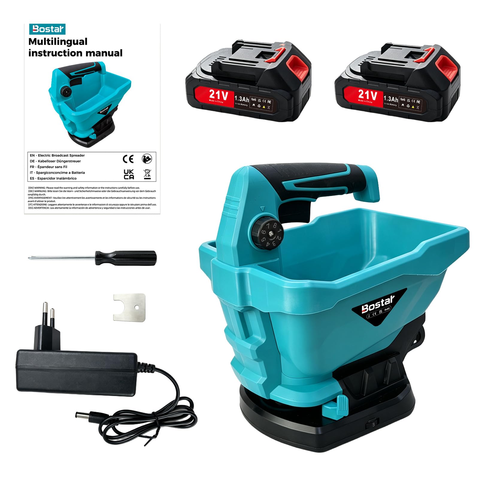 Bostar Akku-Düngerstreuer, kompatibel mit Makita 18V LXT Akkus, Handstreuer für Rasensaat, Dünger & Streusalz, 3,8L Kapazität, 6-stufige Geschwindigkeitsregelung, Edelstahl-Streurad