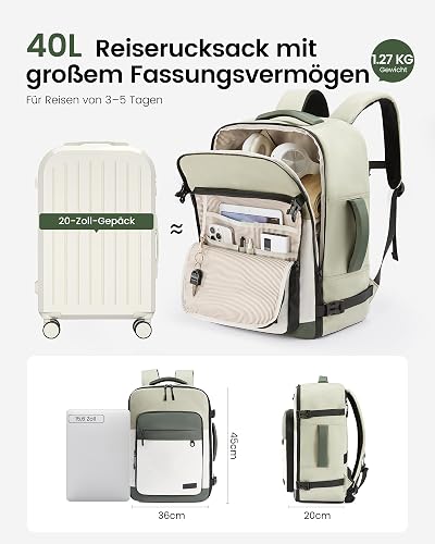 LOVEVOOK Sac à dos pour bagage à main, 40/50 l, grand sac à dos de voyage pour femme, avion, vert clair et vert olive, 40L-4 pièces - 3