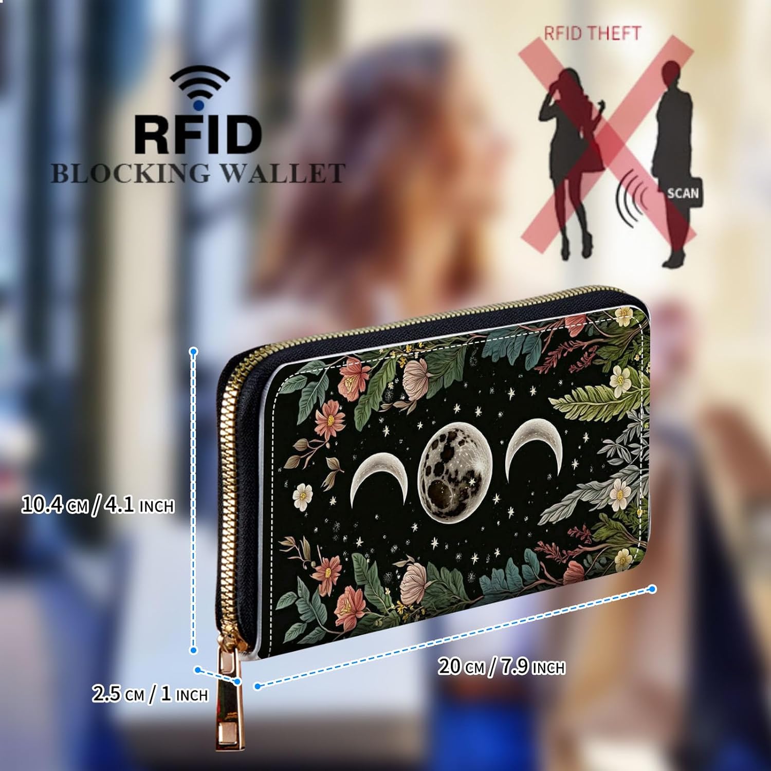 Womens Wallet, Large Capacity RFID Blocking PU Leather Wristlet Wallets for Women Ladies Men Credit Card Holder Zipper Wallet Phone Holder Clutch Travel Purse, Flowers Moon Star - Image 2