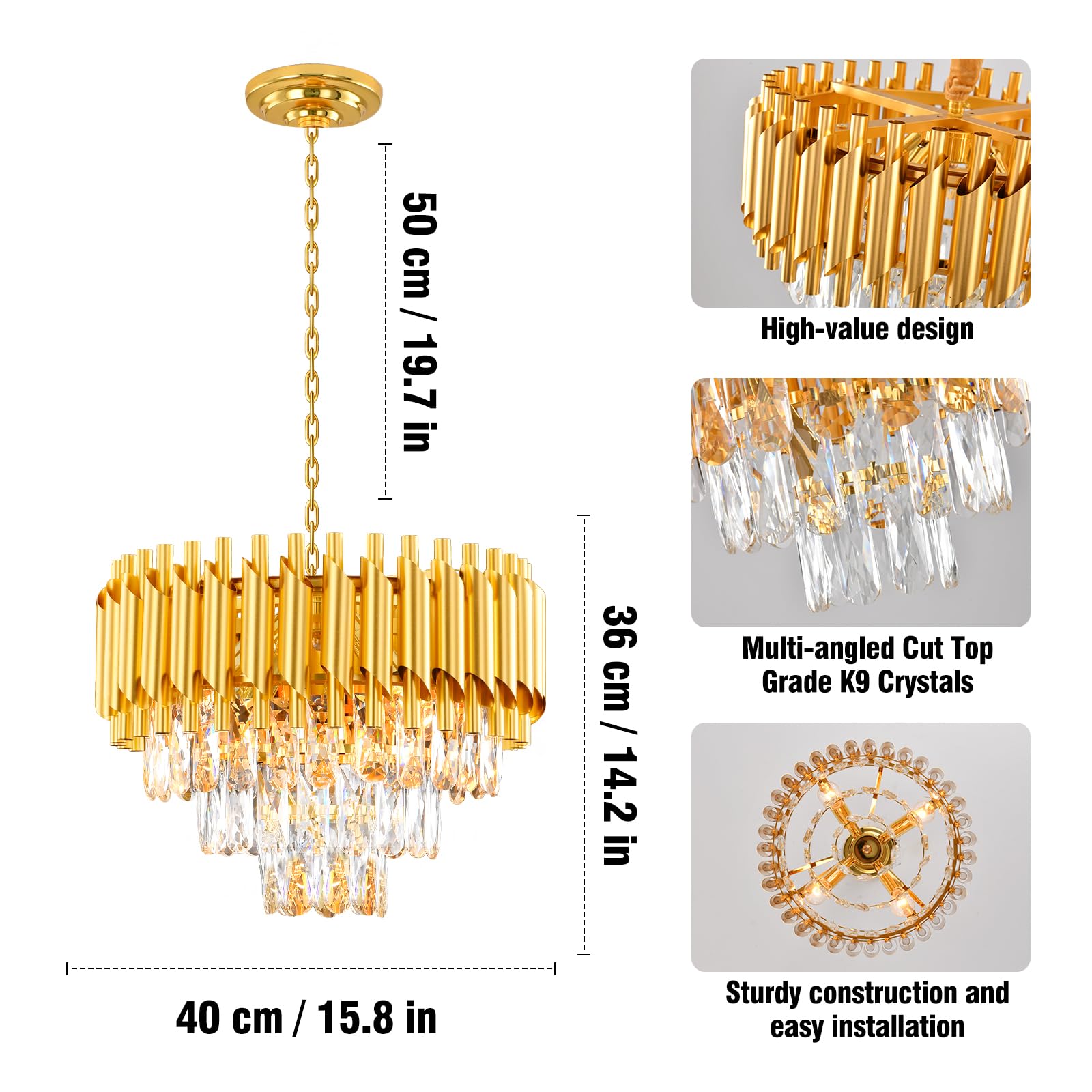 Lustre Golden Crystal Chandelier Lights, Modern Crystal Pendant Light, 3-Tier Raindrop Chandelier Light Fixture, 5xE14 lumières, pour le salon, la salle à manger, la chambre, le Restaurant, Ø40 cm